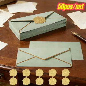 50 pieces of high-end hot stamping letter sealing sticker set -25 envelopes+25 sealing stickers, mouse green/dark green/royal blue office check cash salary mailing wedding festival office household universal