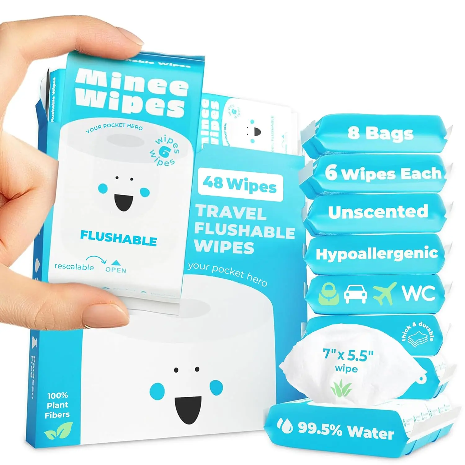 Compact Credit Card Size Travel Flushable Wipes - 99.5% Water & Aloe Extract, Septic-Safe, Unscented, 8 Pack (48 Wipes Total) - Home Care Travel Essentials for Adults