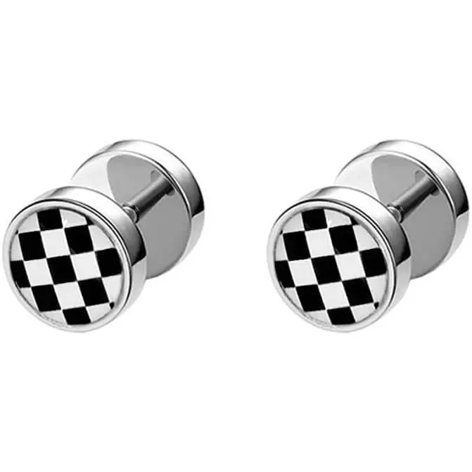 Baby Checkerboard Geometric Basic 16G Stainless Steel Screw-Back Stud Earrings, Hypoallergenic Black-White Barbell Tiny Tragus Jewelry, Punk Daily Accessory for Infants