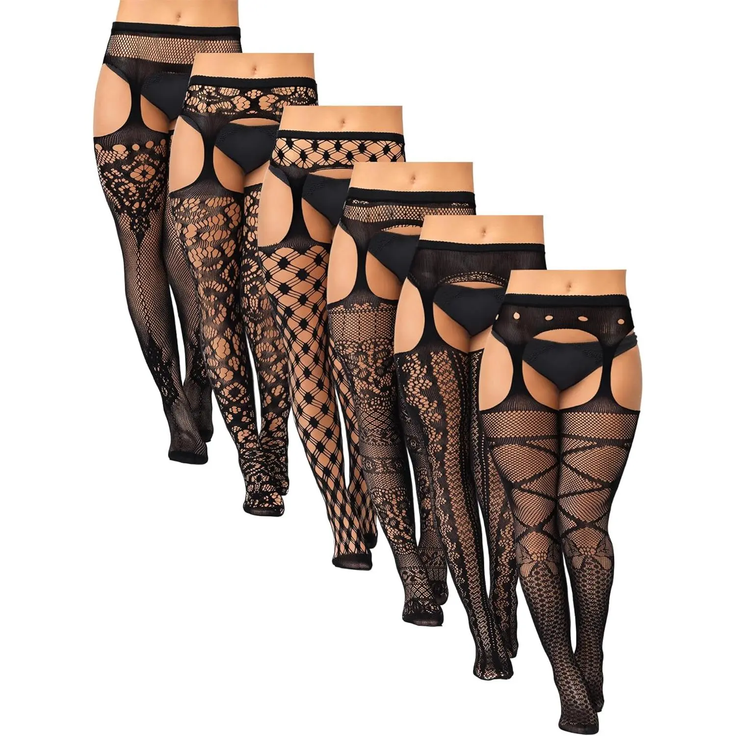 New Jadive 6 Pairs Women Plus Size Suspender Tights Fishnet Thigh High Stockings Garter Belt Lingerie Pantyhose
