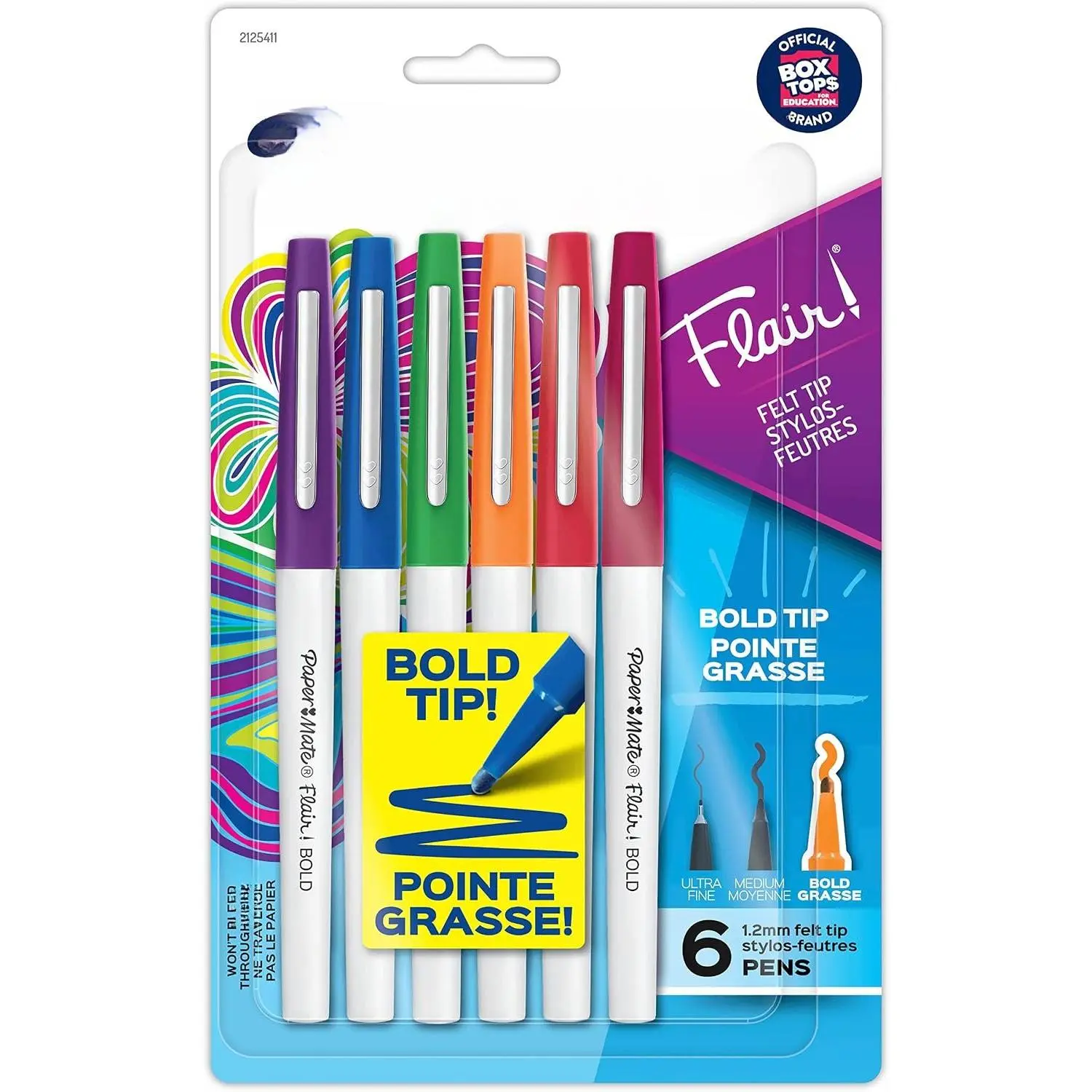 Flair Pens, Felt Tip Pens, Bold Tip (1.2 mm),  Colors, 6 Count