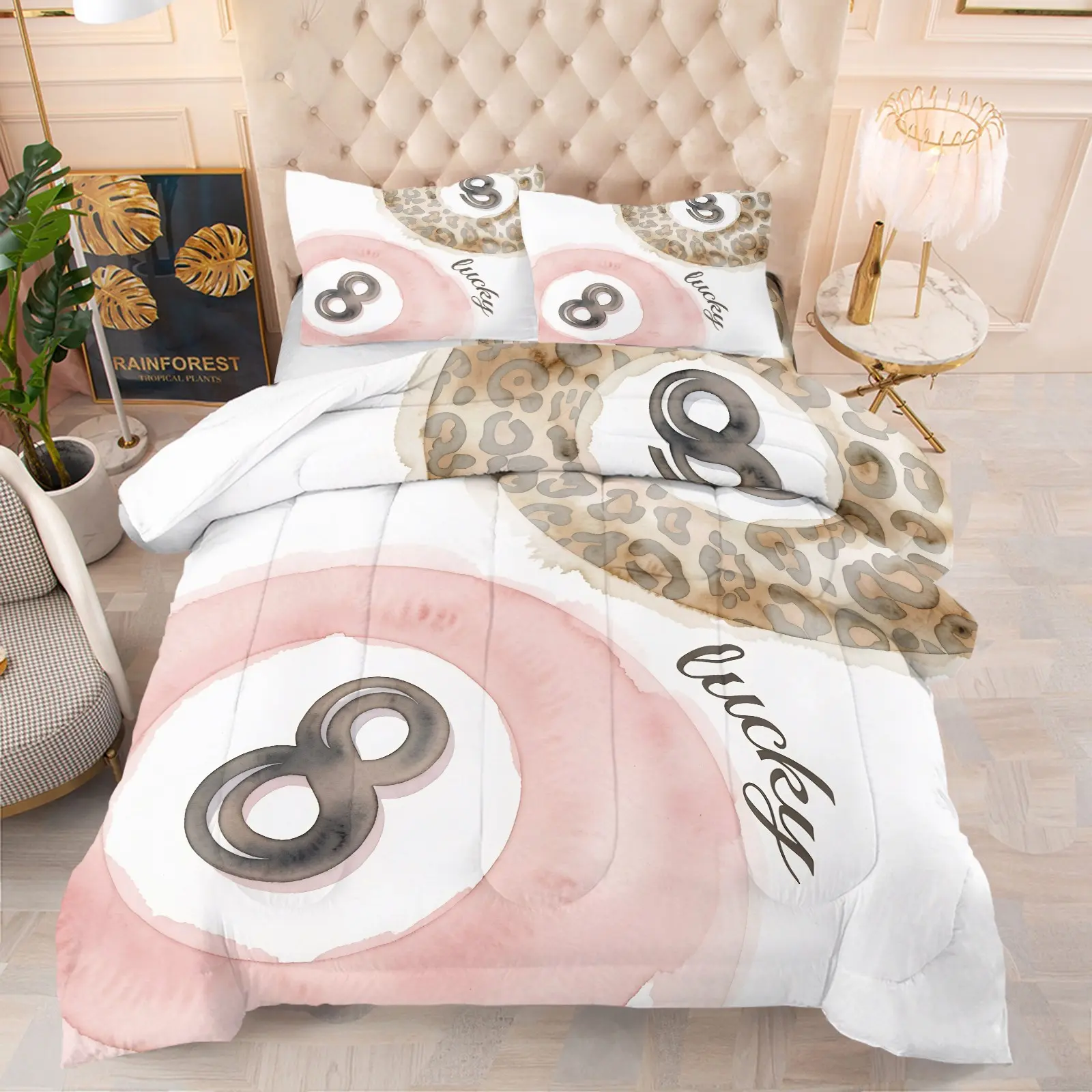 Pink Leopard Print Lucky Number 8 Quilted Comforter Set, Include 1 Quilt Core and 1/2 Pillowcases, Sweet Cool Girlish Bedroom Bedroom Warm Quilt, Modern Contrast Color Geometric All Seaons Bedding, Medium Thickness