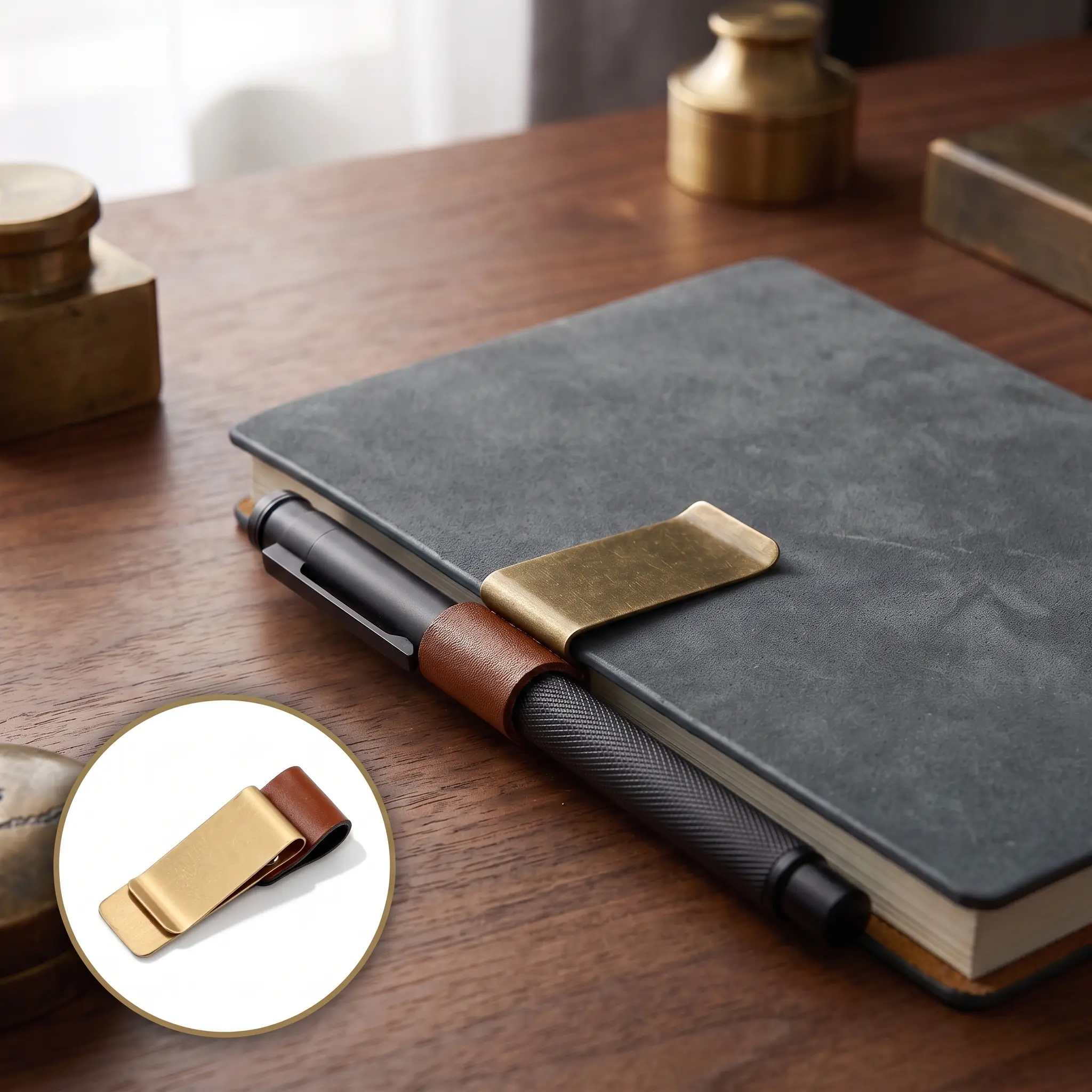 Vintage Notebook Metal Pen Clips, PU Leather Pen Holder, Loose Leaf Diary Memo Clip, Bookmark Journal Planner Pencil Holder, Book Accessories, Office Supplies-YY1