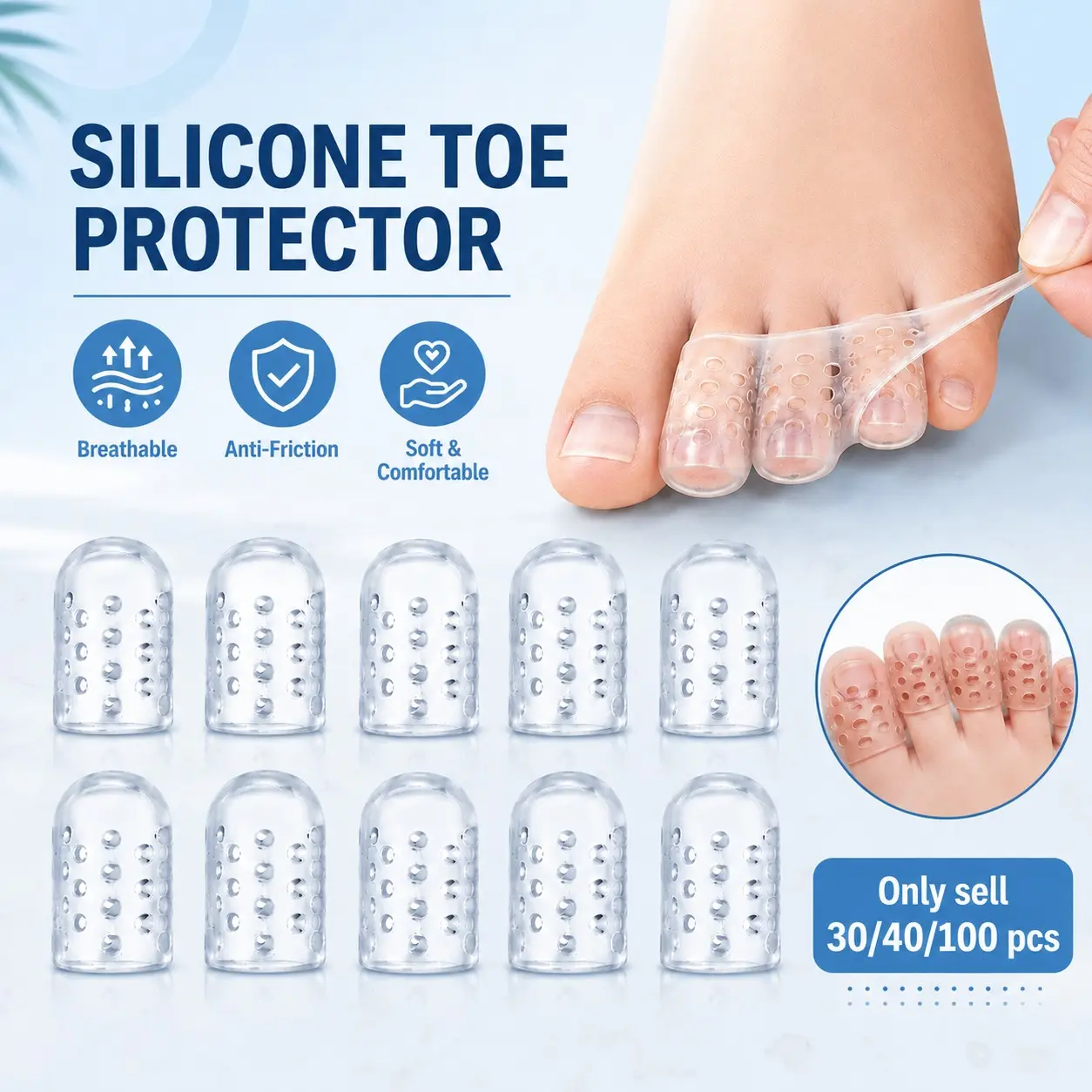 30/40/100PCS Silicone Breathable Toe Protector Sleeves, Clear Anti-Friction Washable Gel Toe Covers for Men Women Daily Walking Shoe Foot Care.