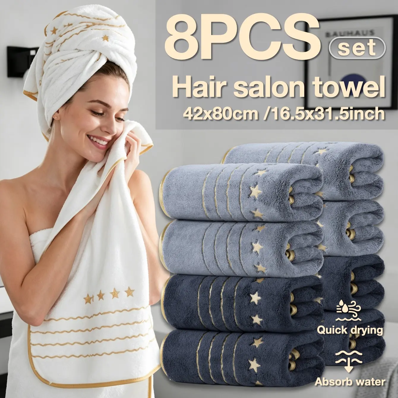 8-Pack Luxury Gold Trim Embroidered Dry Towels, Hair Towel Set, 16x31 Inches, High Density Coral Fleece, Super Absorbent, Quick Dry, Hotel Grade, Home Essential