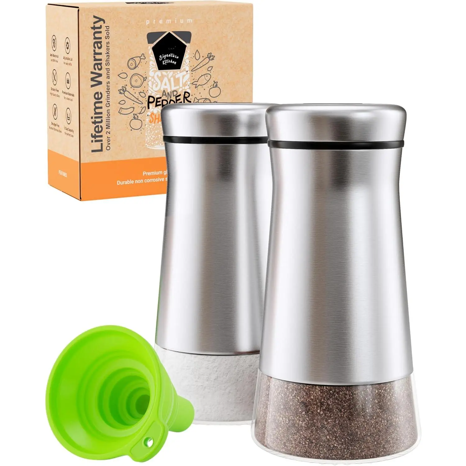 Original Salt and Pepper Shakers Set with Adjustable Pour Holes - Glass and Stainless Steel Salt Shaker and Pepper Shaker - Farmhouse Spice dispenser for salts, ground peppercorn and spices