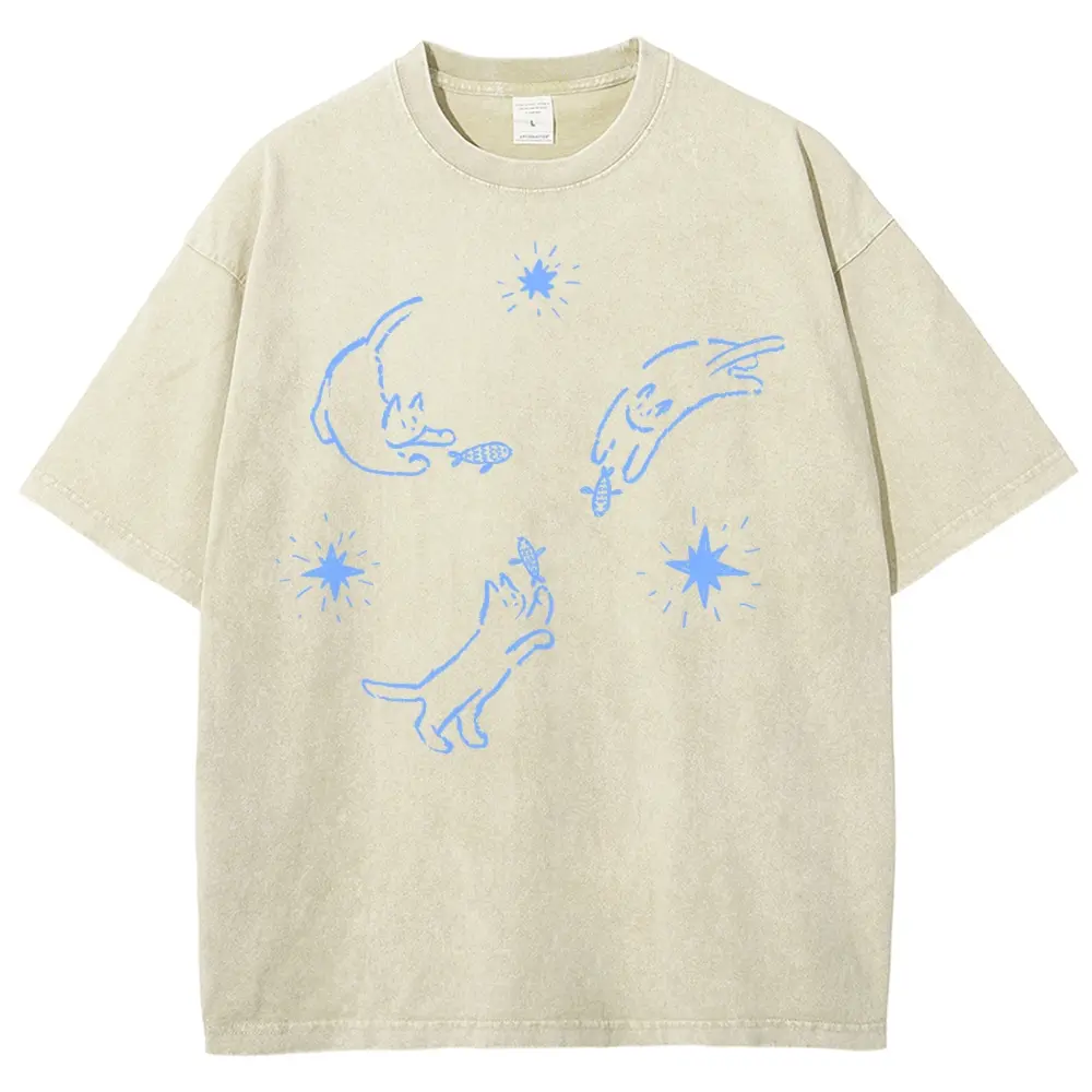 Shortsleeve Casual Cat Graphic Sports Top - Starry Sky Fish-Catching Kitten Minimal Line Art Design, Cat Lover Gift, Comfortable Casual Clothes, Tops Womenswear Women