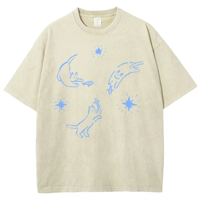 Men's Oversized Cotton Fabric Short-Sleeve Round Neck Graphic Top - Pre-Shrunken, Starry Sky Cat Catching Fish Washed Line Art Print, Casual Unisex 3XL 4XL 5XL Plus-Size Streetwear, Ideal Cat Lovers Gift