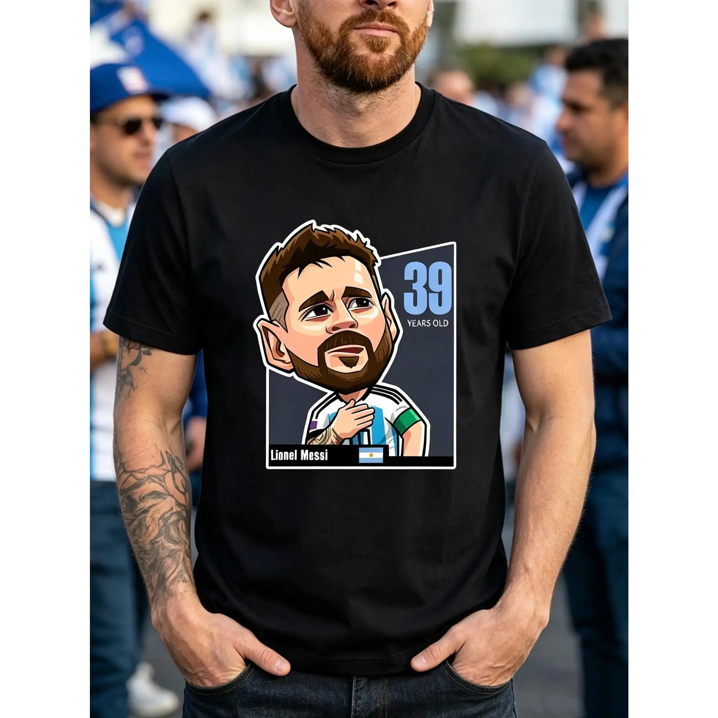 Men's Lionel Messi # 39 Cartoon Portrait Graphic T-Shirt |   Argentina National Team Flag Print, Athletic Fan Tee, Oversized Casual Top for Soccer Supporters