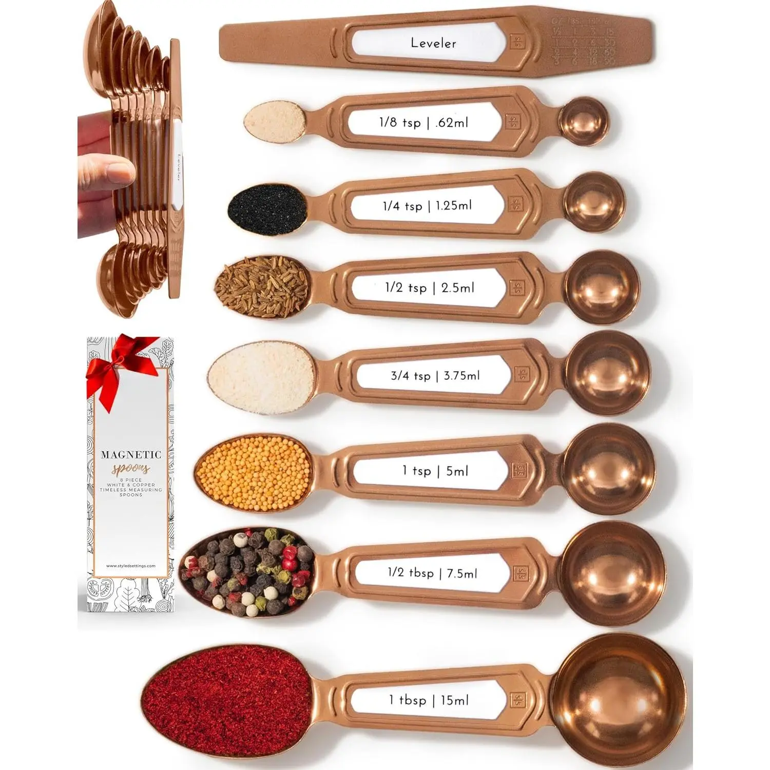Copper Measuring Spoons Set with Leveler, 8-Piece Double-Sided Nesting Spoons - Stackable, Jar-Friendly Stylish Copper Kitchen Accessories for Baking, Sturdy, Metal