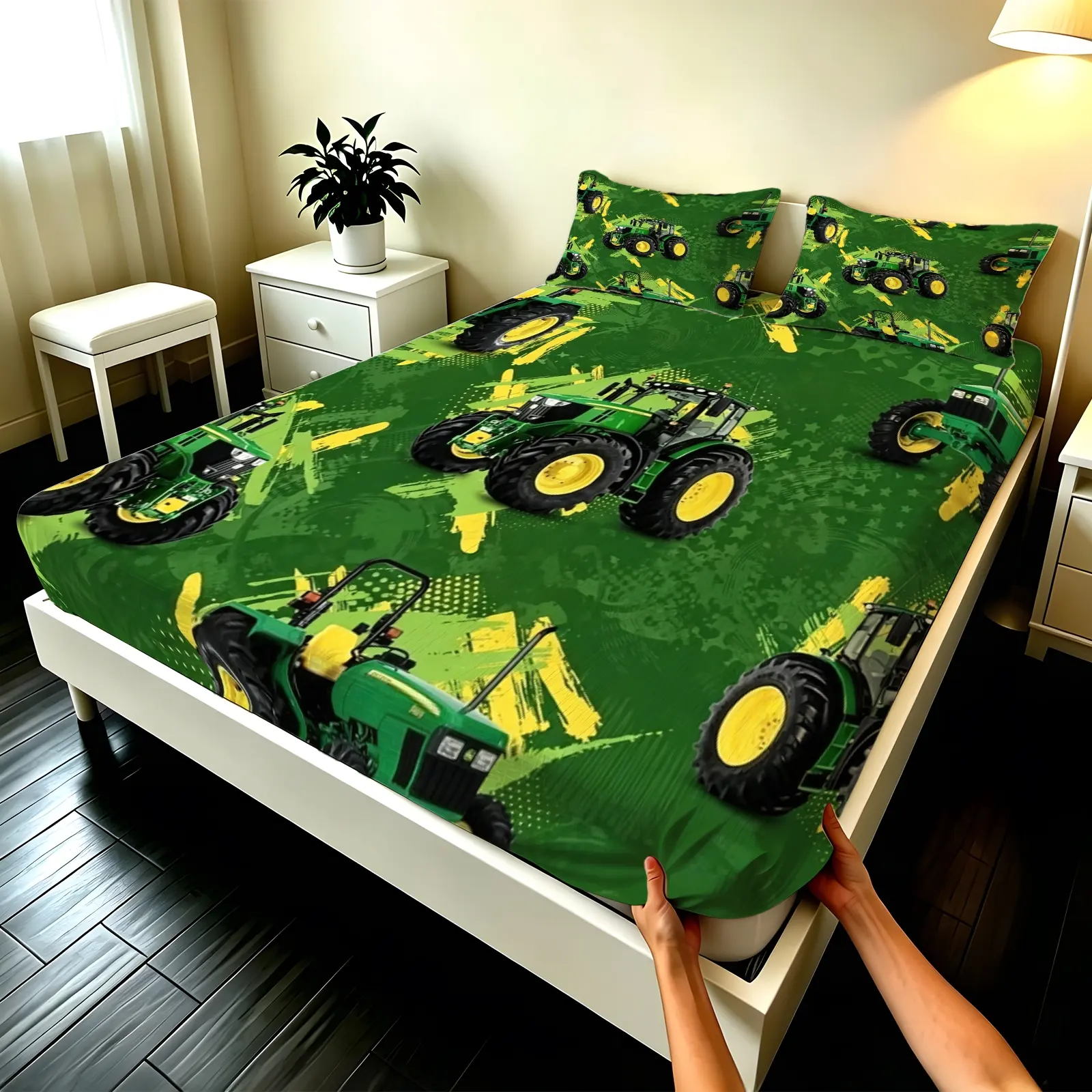 3pcs Fitted sheet Green Farm Tractor Pattern Bedding Set, Soft Microfiber Breathable Wrinkle Resistant Fade Proof All Season Durable Bed Cover Set for Bedroom Guest Room Home, Fit Twin Full Queen King California King Size, Bedsheet Sets