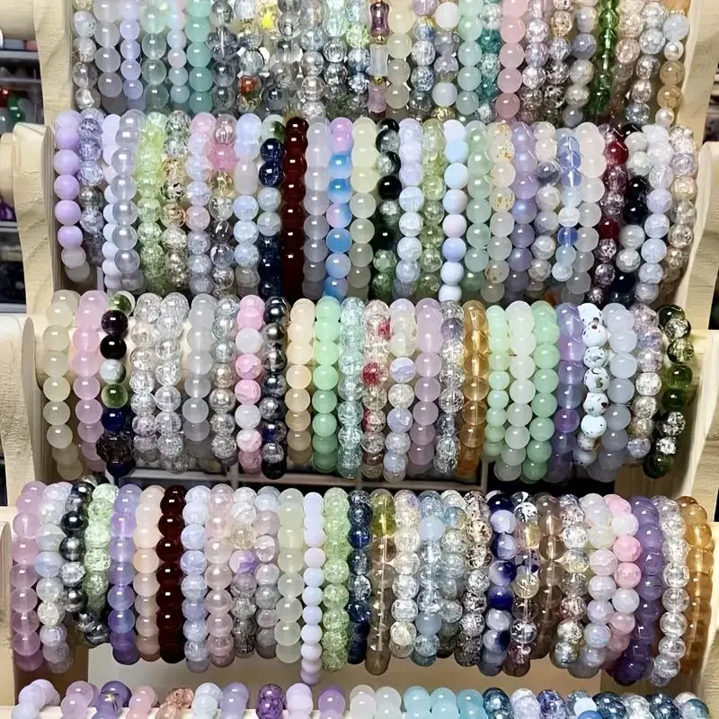 Glass Bead Bracelets - 10pcs Random/20/30 Sets, 8mm Multi-Color Unique Crack Design, Sparkling Semi-Transparent Unisex Adjustable Stackable Bracelets for Daily Wear & Gifting (Slight Color Variation), Adjustable Size, Random Sets, Adults, Cracking