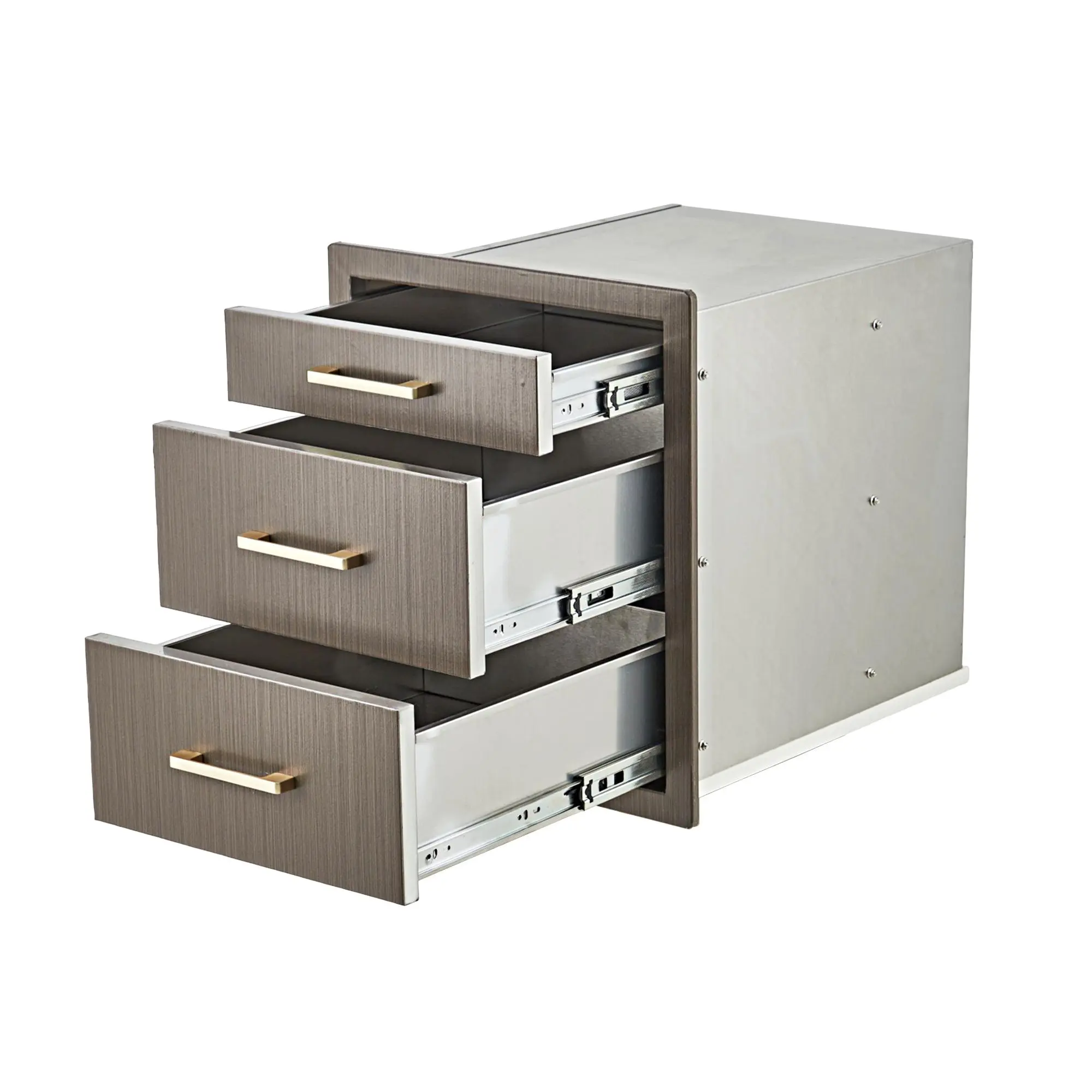 Stainless Steel Triple Drawer Cabinet - 17.7" w × 20.5" h × 20.5" d, 35 lbs, Brushed Finish, Grain Sticker, Flush Mount, Ergonomic Handle, Heavy Duty Storage for Outdoor Kitchen BBQ Island