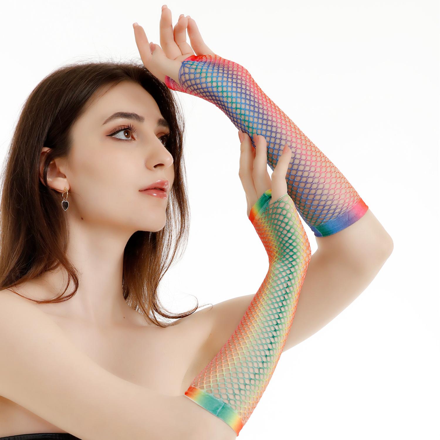 Medium and long colorful printing stretch rainbow fishing net gloves cosplay show party accessories