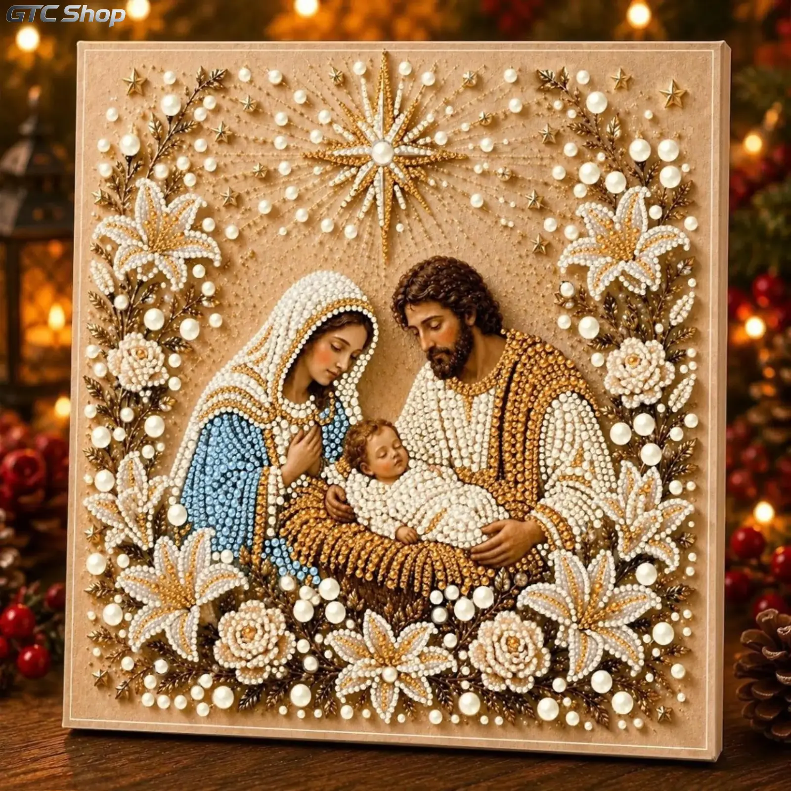 3D Pearl Beaded Holy Family Diamond Painting Set,Religious Art Rhinestone Mosaic Wall Decor,Beginner‑Friendly Leisure Craft,Catholic Christmas DIY Gift for Home Decoration