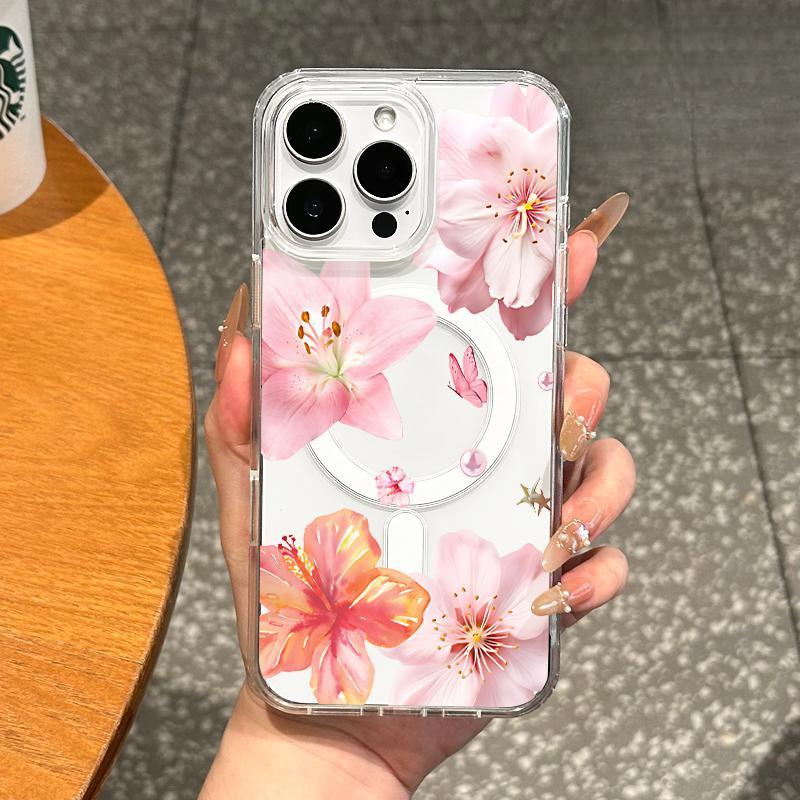 Magnetic Soft Case for iPhone11/12/13/14/15/16/17 Pro Max, Pink Flowers MagSafe Compatible, transparent phonecase stuff,Aesthetic Pattern Design,cutephonecases  iPhone Case