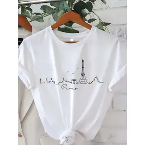 Women's Parisian Landmarks Print T-Shirt - Eiffel Tower & City Skyline Design with Cursive Lettering, Breathable Short Sleeve Round Neck Casual Top, Regular Fit Machine Washable for Casual Attire & Light, Leisure, Graphic Tee, Durable Fabric