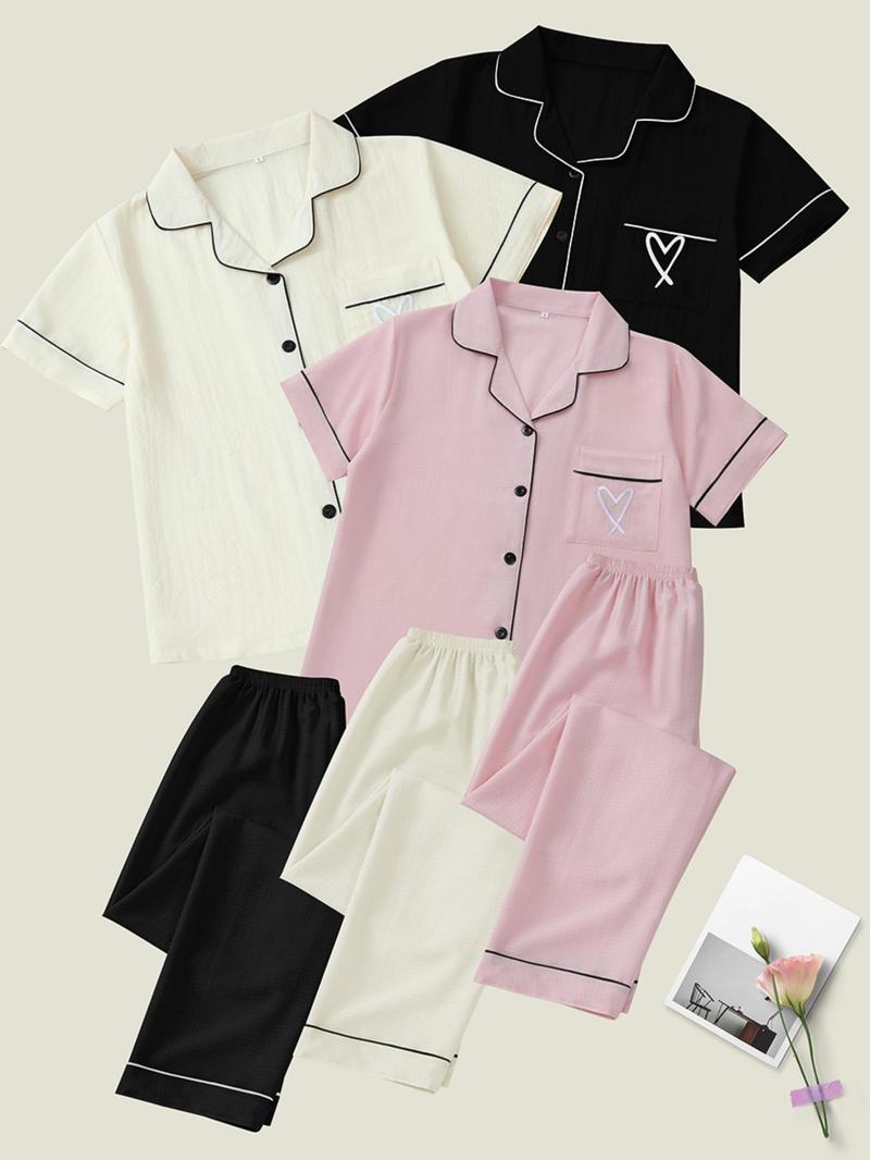 Women's Heart Embroidery Short Sleeve Pajama Set, Casual Comfy Lapel Neck Pocket Shirt & Shorts Pj Set, Ladies Sleepwear for All Seasons, Loungewear