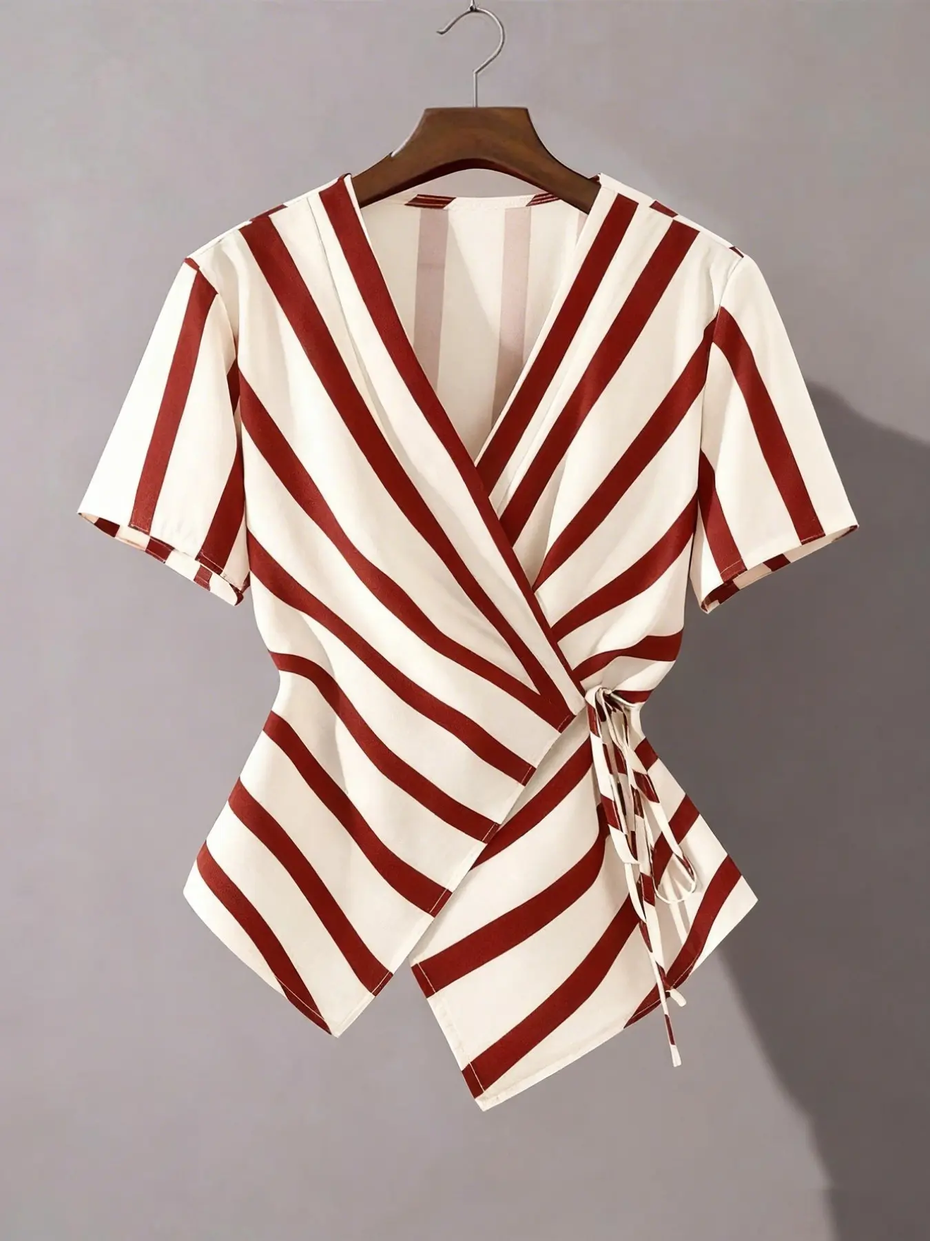 Women's Summer V-Neck Striped Short Sleeve Blouse Shirt, Asymmetric Hem, Asymmetric Design, Elegant French Style, Casual Daily Wear, Business Holiday Fashion, Tops, Blouses Shirts Tops