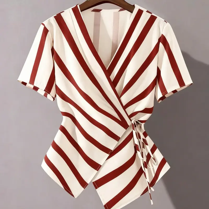 Women's Summer V-Neck Striped Short Sleeve Blouse Shirt, Asymmetric Hem, Asymmetric Design, Elegant French Style, Casual Daily Wear, Business Holiday Fashion, Tops, Blouses Shirts Tops