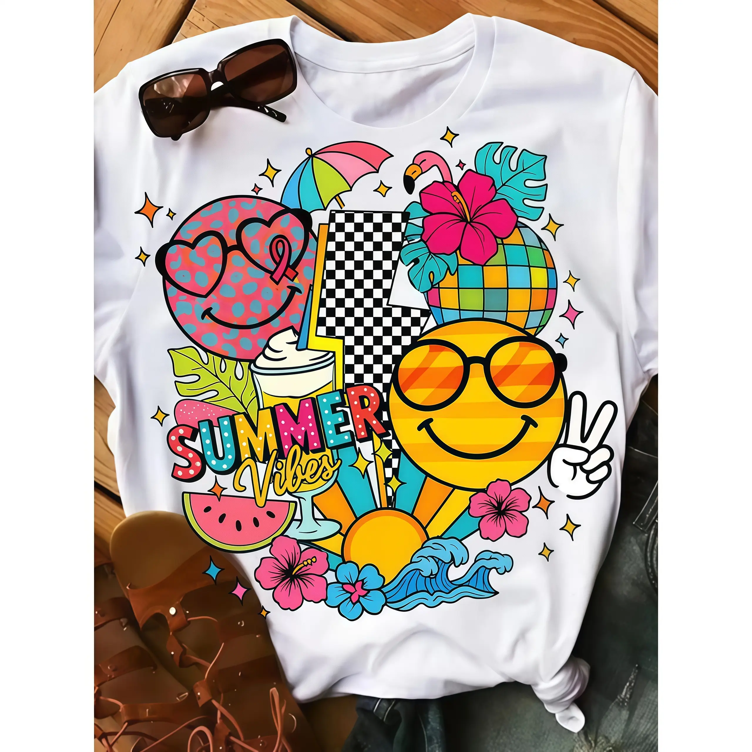 Women's Vintage Tropical Palm Tree T-Shirt - Short Sleeve Round Neck Blouse-Compatible Top Suitable for Beach Outfits, Casual Summer Vacation Wear with "Oh Summer Time" Print, Machine Washable Spring/Autumn Wardrobe Essential