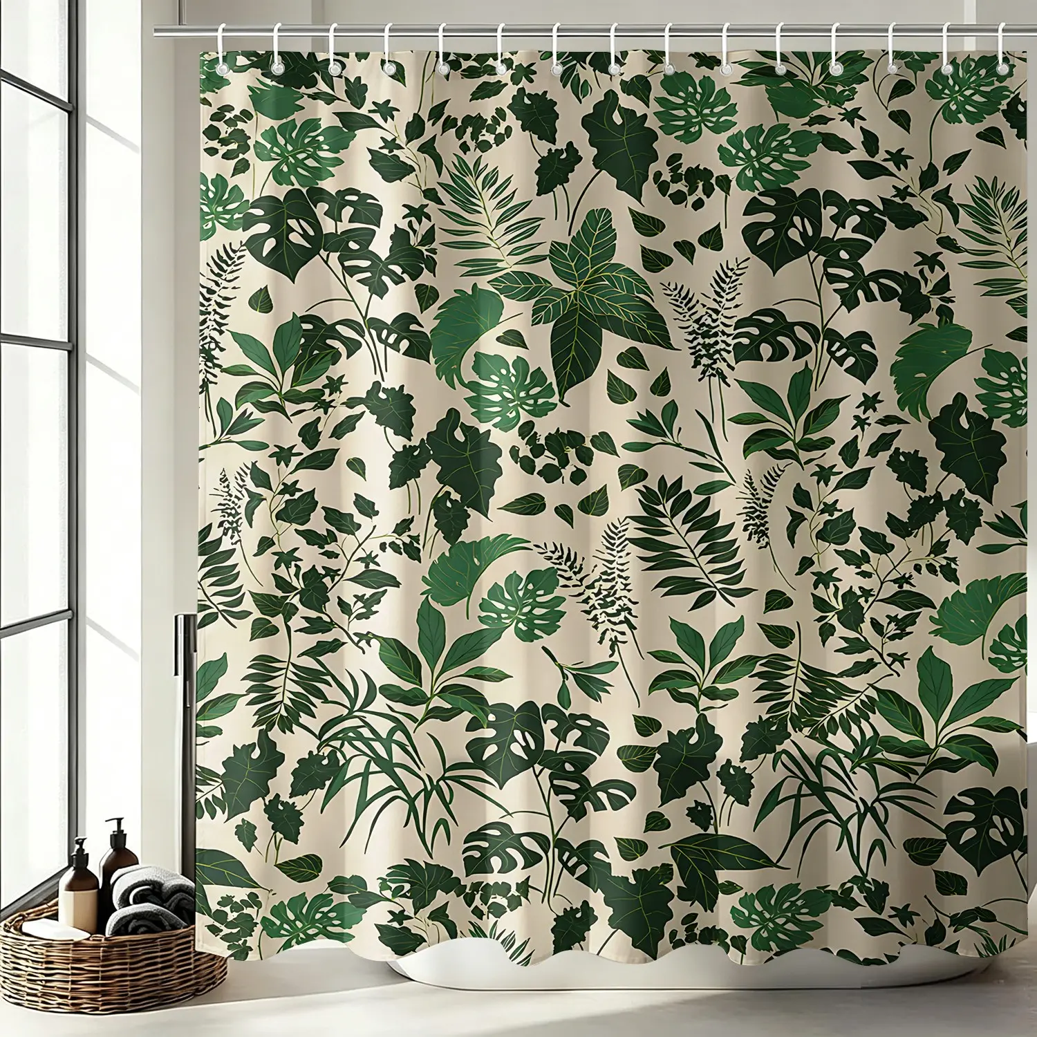 1Pc Waterproof Shower Curtain, Vintage Green Tropical Monstera Palm Leaves Bath Decor, Fresh Boho Jungle Style for Bathroom Accessories with Hooks, Easy to Setup and Maintain, Upgrade Relaxed Tropical Bathroom Aesthetics