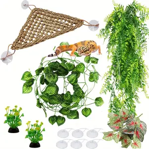 12 Pieces Beard Dragon Tank Accessories, Reptile Hammock Plants, Vine Glass Containers, Tree Branches, Plant Habitat Decoration