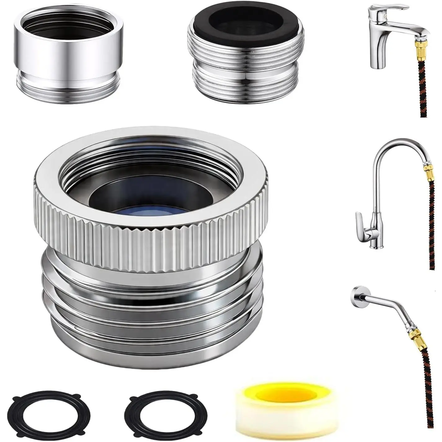 Brass Faucet Adapter with Aerator, Sink Faucet to Garden Hose Adapter, Fits G1/2" Male, 55/64" Male, and 15/16" Female, Connects to 3/4" GHT Garden Hose, with Washers and PTFE Tape,Chrome