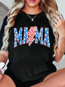 [100% Cotton]summer T shirt Women's Patriotic Mama Checkered Lightning Bolt Oversized Short-Sleeve T-Shirt - 4th of July Retro Vintage, Casual Streetwear, Round Neck, Comfortable Fit Graphic Tee, Shortsleeve, Tshirt