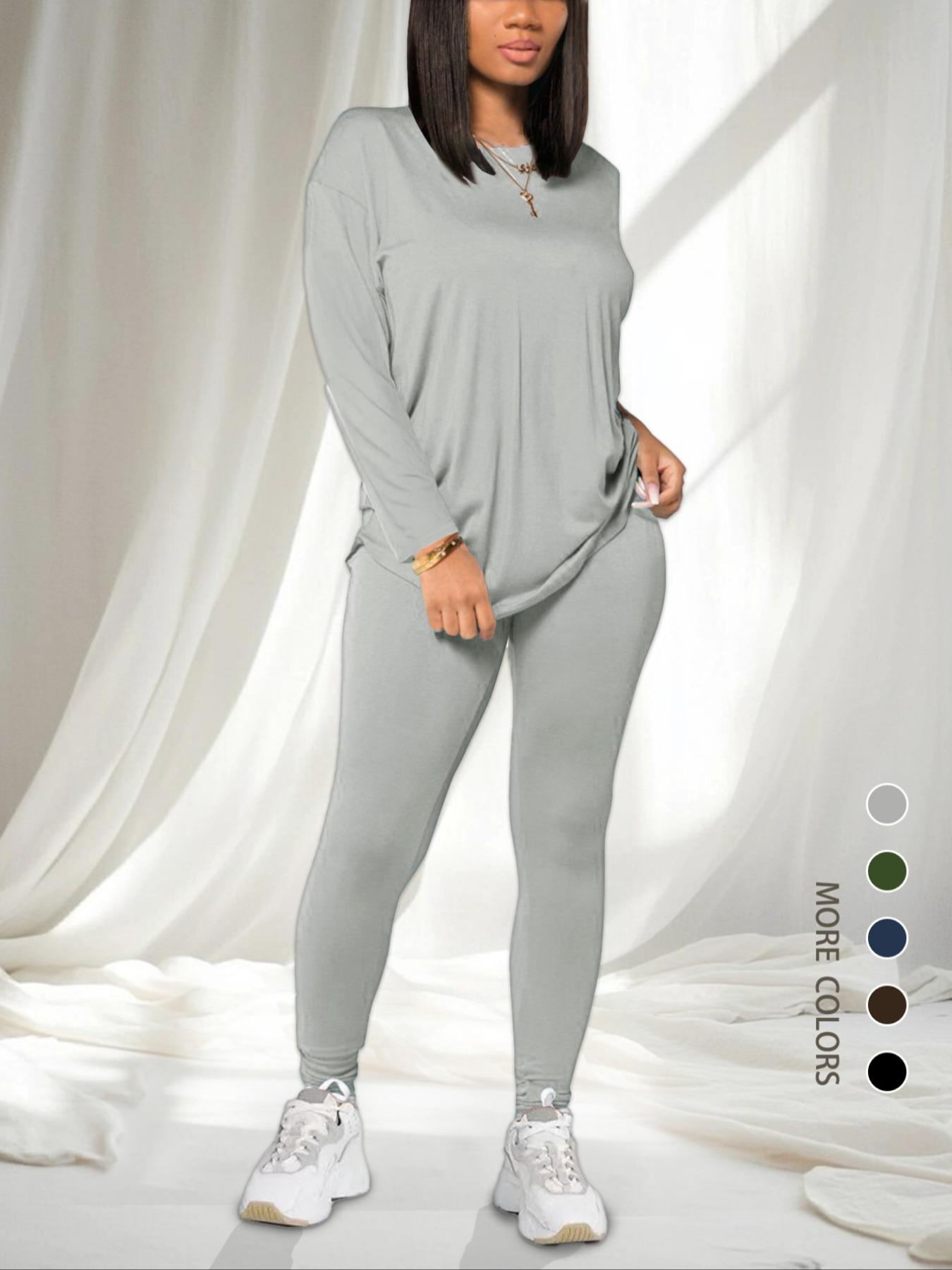 Women's Solid Drop Shoulder Tee & Elastic Waist Skinny Pants Two-piece Set, Basic Casual Fashion Cozy Round Neck Long Sleeve T-shirt & Trousers for Daily Outdoor Wear, Women's Clothing for Spring & Fall