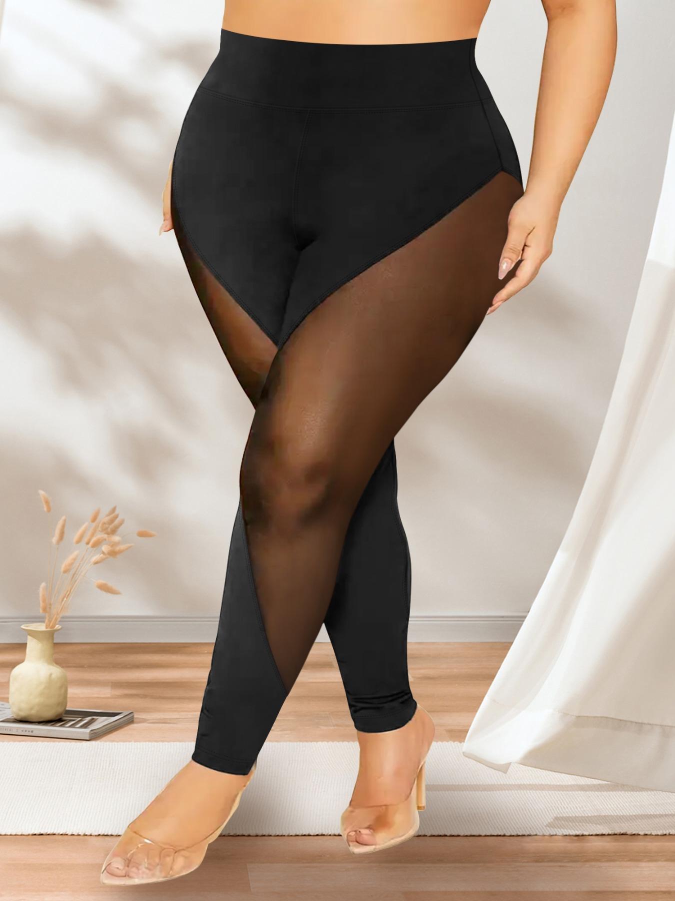 【Plus Size】Solid Color Contrast Mesh Leggings, Casual Comfy Breathable High Waist Skinny Pants for Yoga Gym Workout, Women's Bottoms for All Seasons