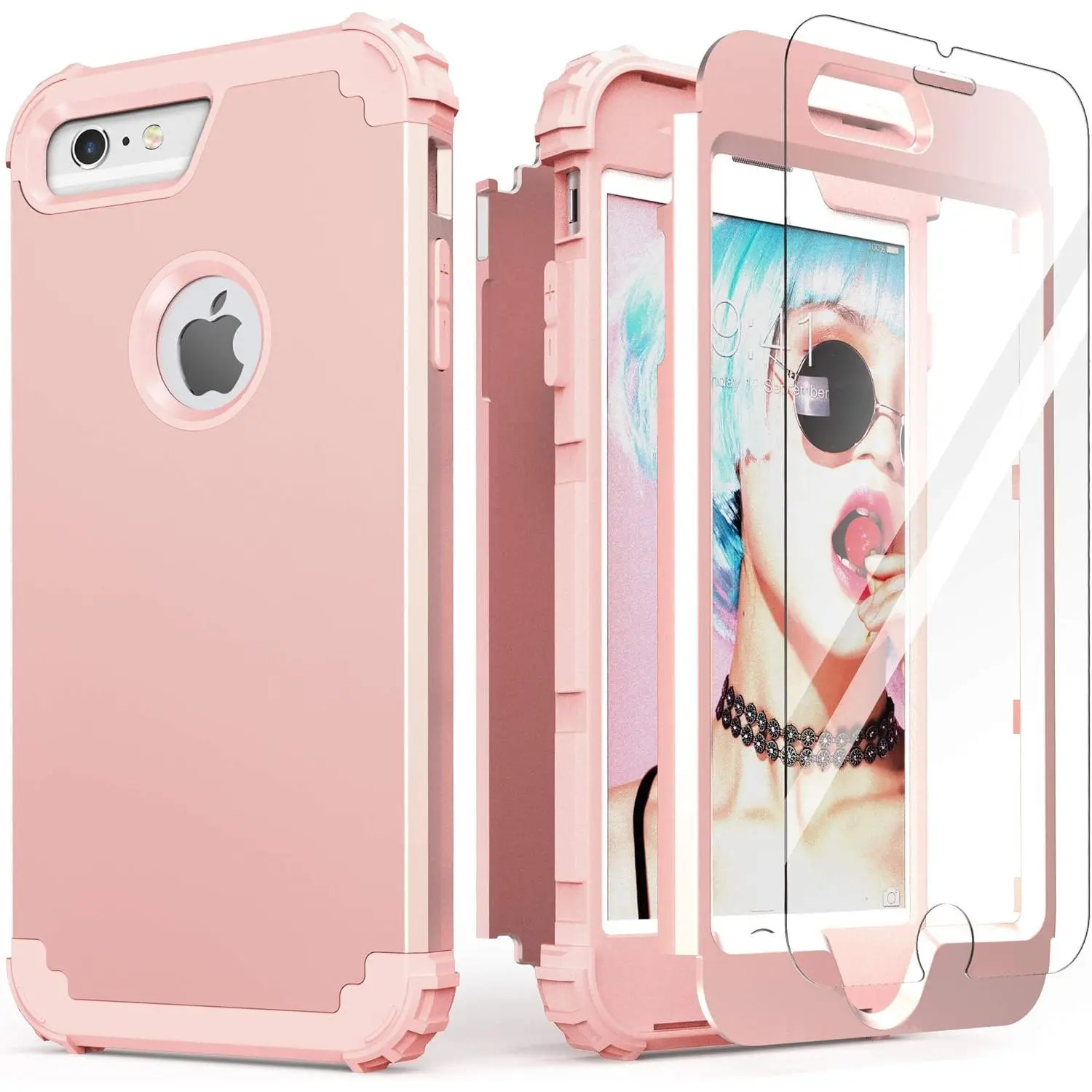 for iPhone 6S Plus Case with Tempered Glass Screen Protector, for iPhone 6 Plus Case, 3 in 1 Shockproof Slim Hybrid Heavy Duty Hard PC Cover Soft Silicone Bumper Full Body Cover,(Rose Gold)