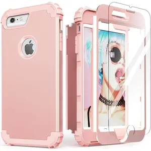 for iPhone 6S Plus Case with Tempered Glass Screen Protector, for iPhone 6 Plus Case, 3 in 1 Shockproof Slim Hybrid Heavy Duty Hard PC Cover Soft Silicone Bumper Full Body Cover,(Rose Gold)