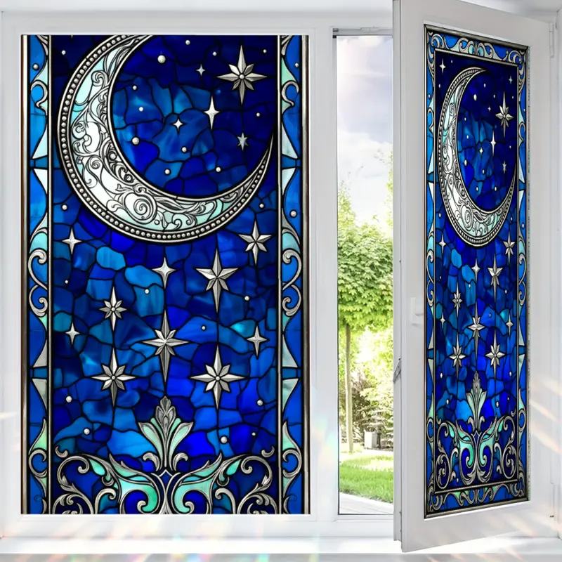 2D Flat Static Cling Moon And Stars Stained Glass Pattern Rectangular Ornament For Window And Door Decor Removable
