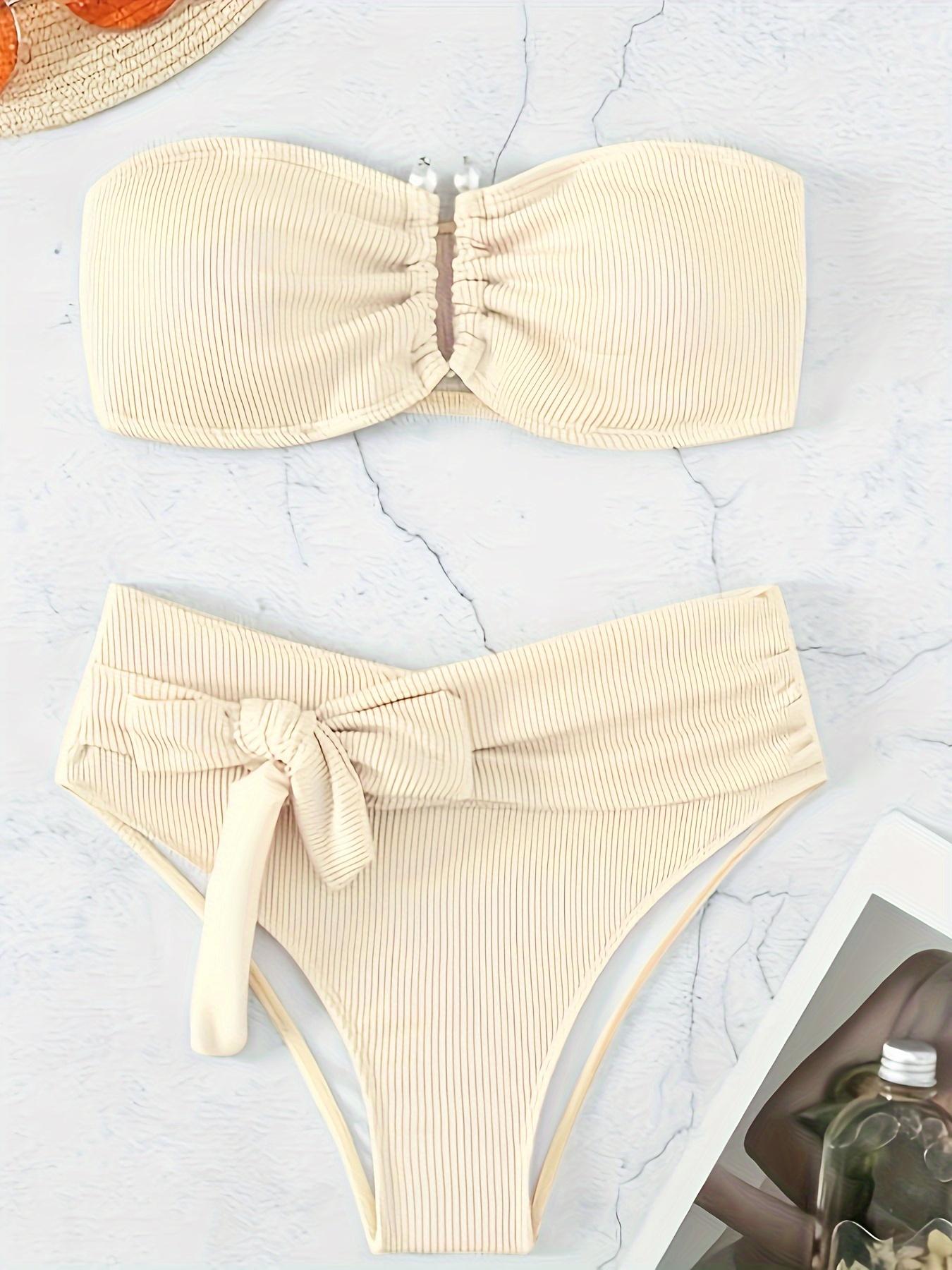 Two-Piece Set Women's Solid Ruched Bandeau Bra & Knot Front Panty Bikini Set, Bandeau Bikini Sets, Casual Sleeveless Swim Top & Swim Bottom Swimsuit Set, Ladies Summer Swimwear for Beach Holiday Vacation