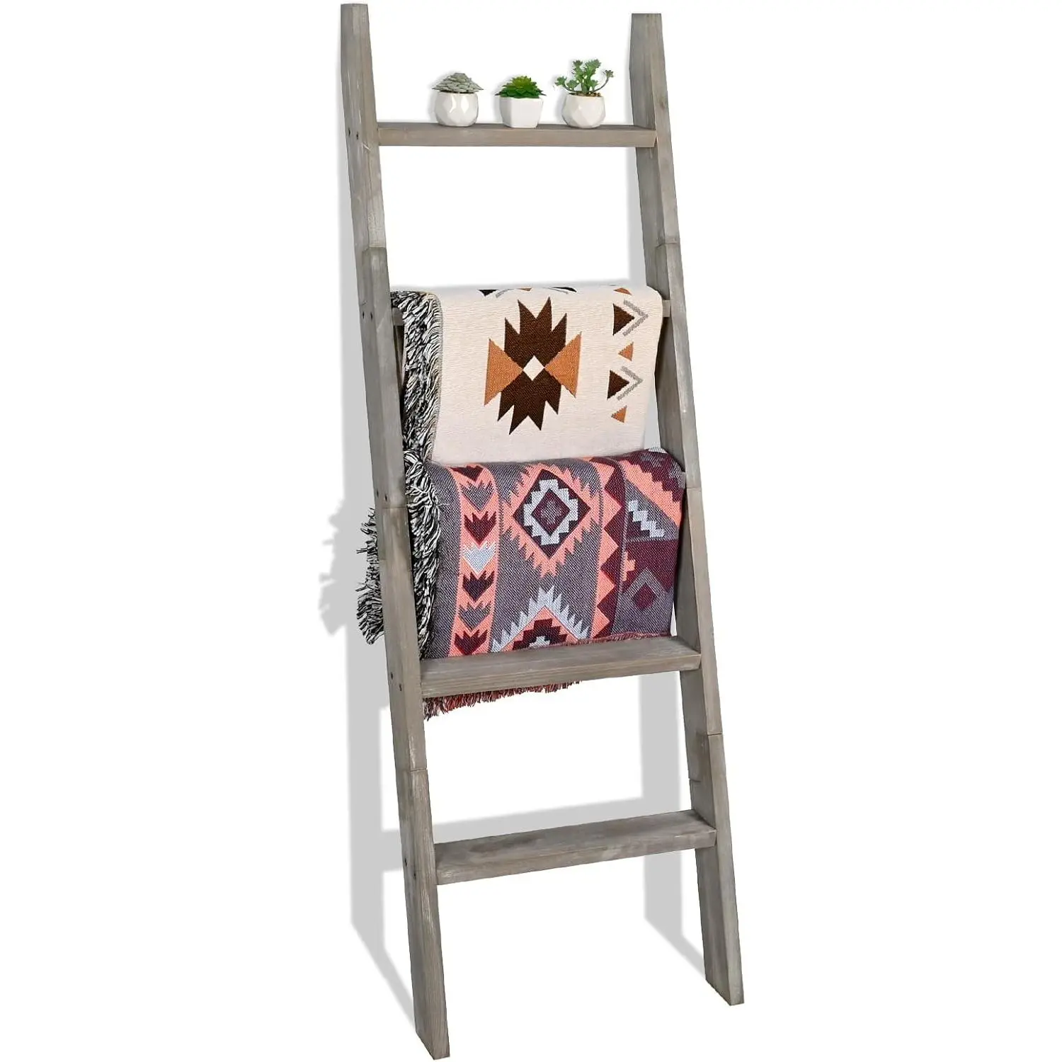 Blanket Ladder, 5ft Rectangle Rung Rustic Solid  Decor Rack, Grey | 5 rungs,  quilt display holder,  picture frames or , leaning wall, bathroom and living room use
