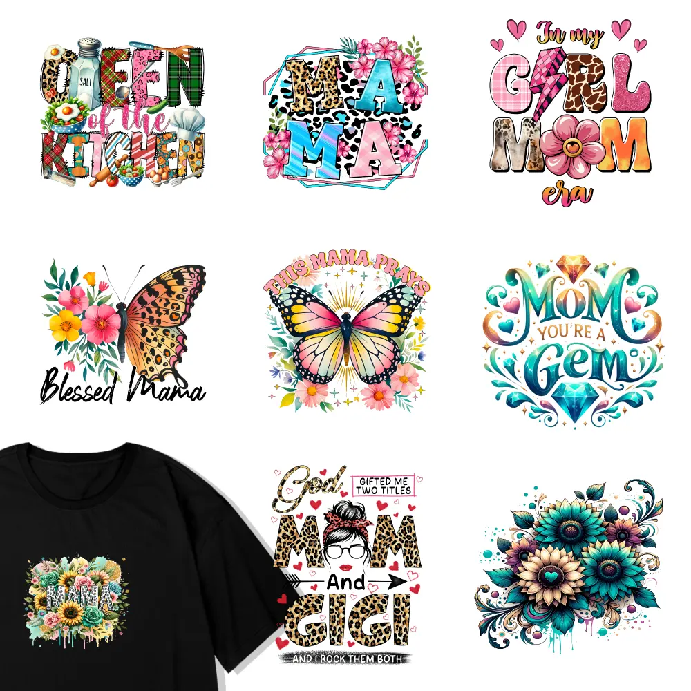 9 Pcs Queen Kitchen Mama Leopard Girl Mom Blessed Mama Mama Pray Mom Gem God Mom Dad Floral Bouquet Iron on Transfers DTF Transfers Ready iron on decals Hoodie DIY Crafts casual style. Easy to heat press decals Washable heat transfer