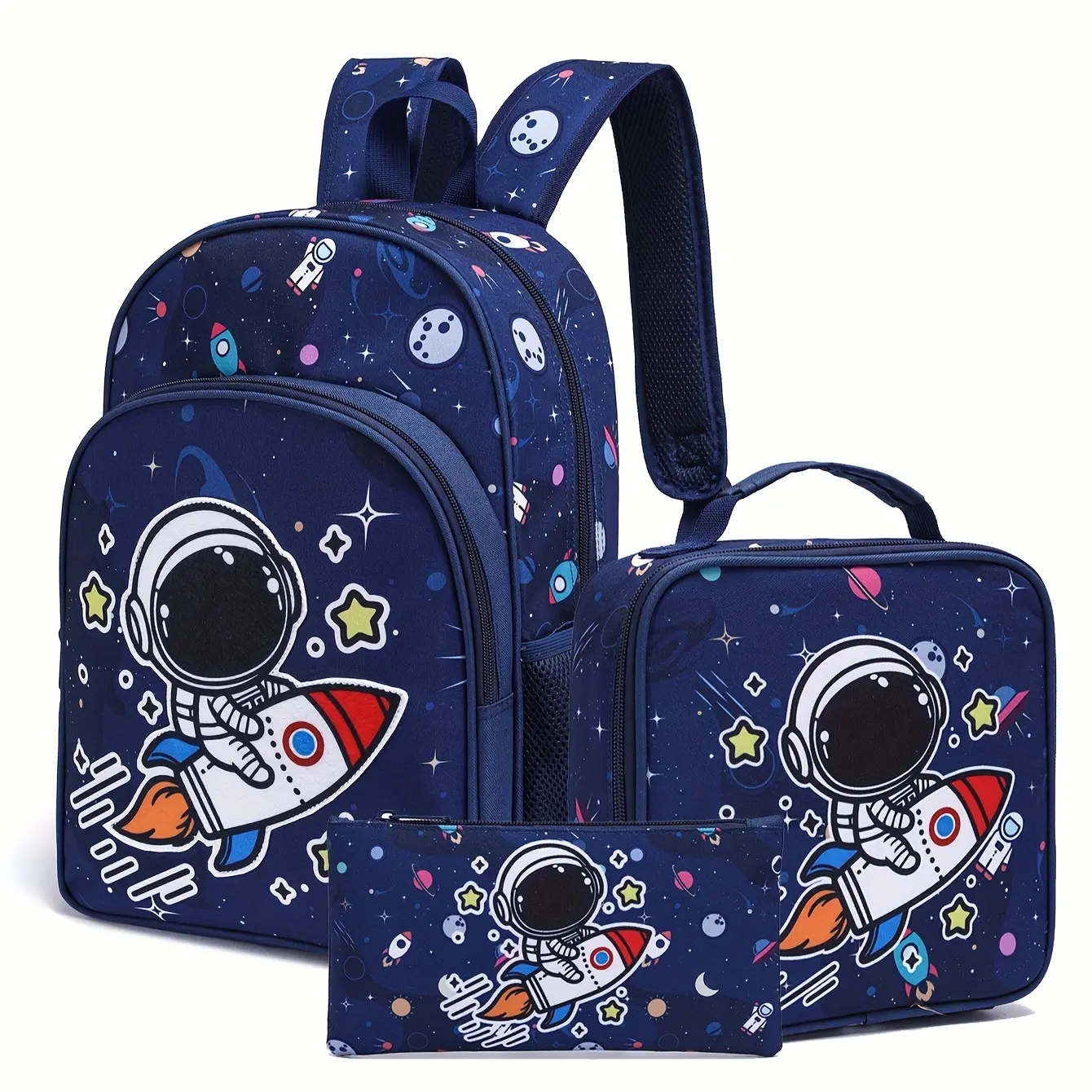 3-piece astronaut-themed backpack set - includes shoulder bag, lunch box, and pencil case, lightweight and durable polyester fiber, stylish mixed-color design, unisex