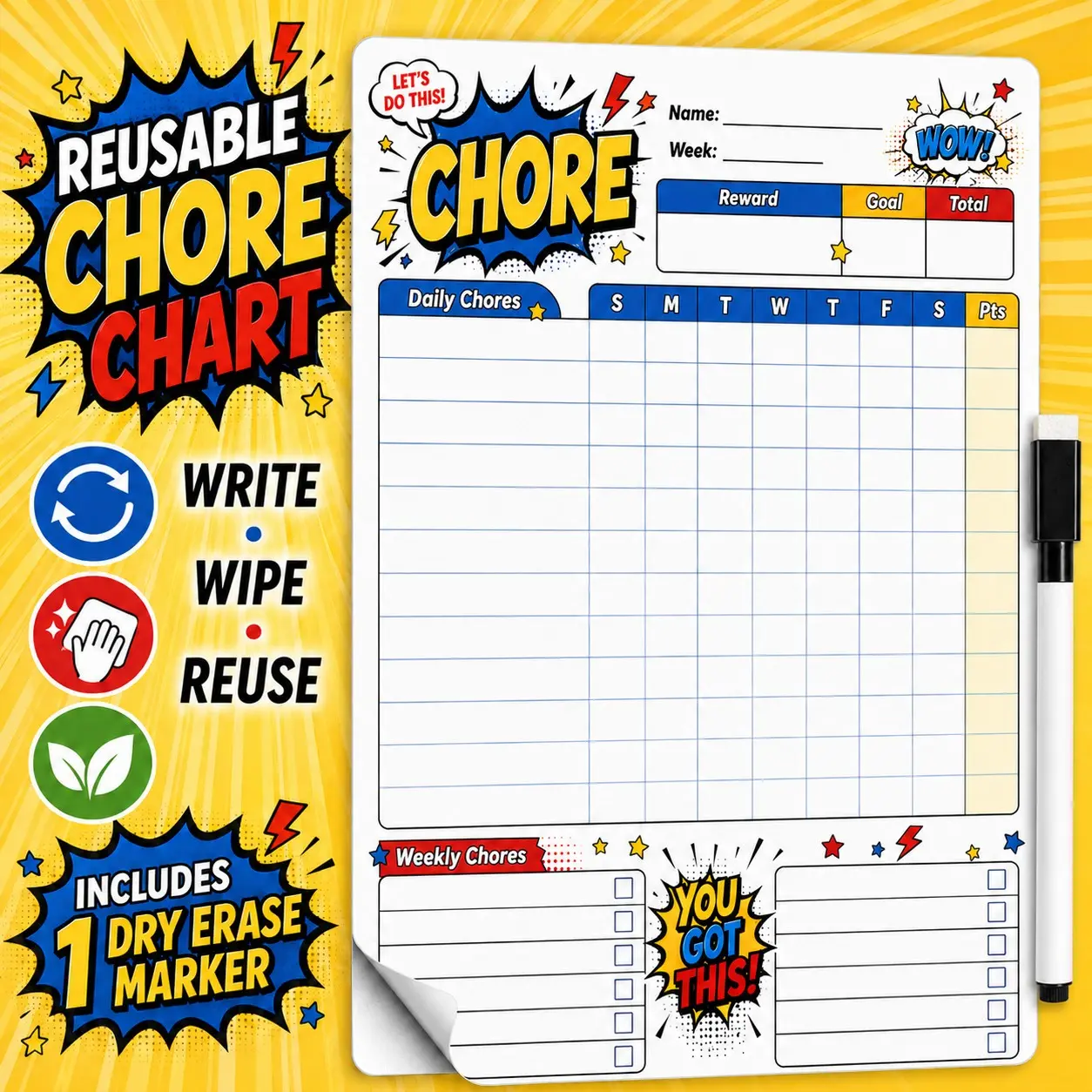 Reusable Whiteboard Chore Chart with Marker, Comic Style Weekly Task Planner, Ideal for Daily Chores, Goals, Rewards, and Family Reminders