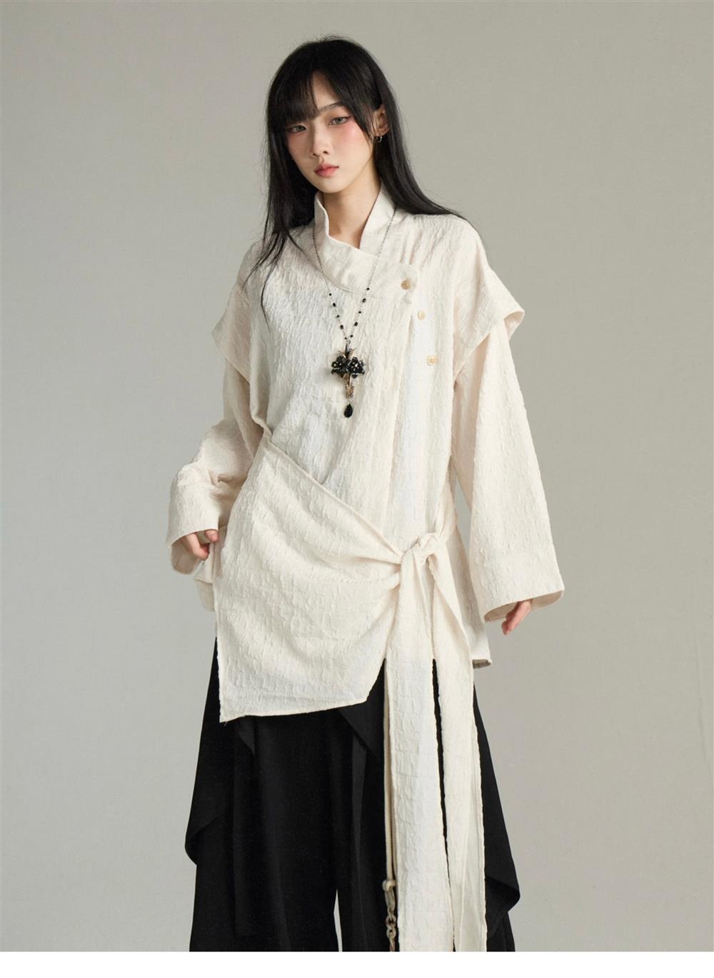 UMI MAO Irregular Lace Up Design Chinese Style Stand Up Collar Shirt Men Women Long Sleeved Shirt Fake Two-piece Top Y2K