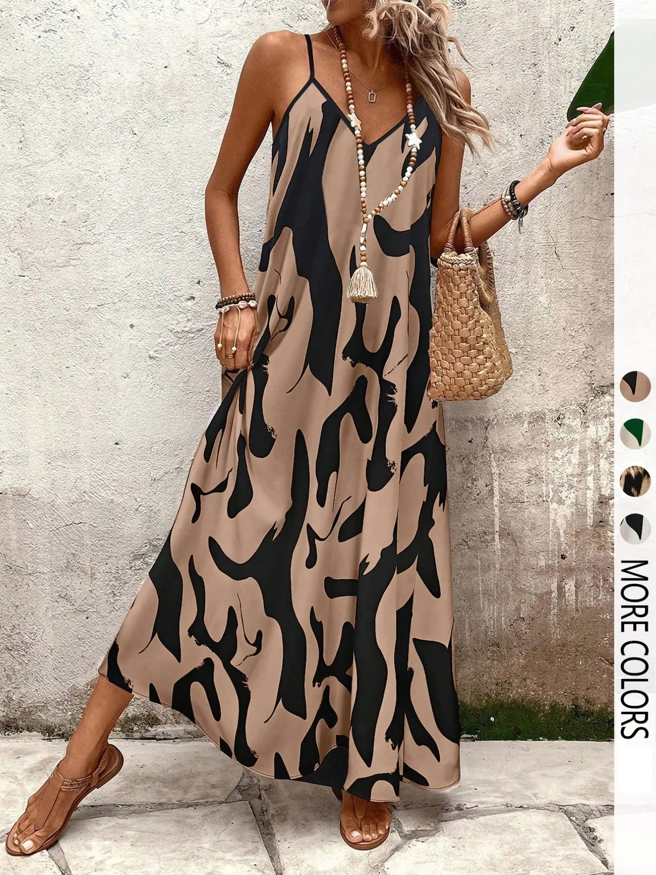 Women's leopard print Spaghetti Strap slip dress with V-neck and bohemian style, suitable for summer vacations and everyday commuting, Boho Sleeveless Dress