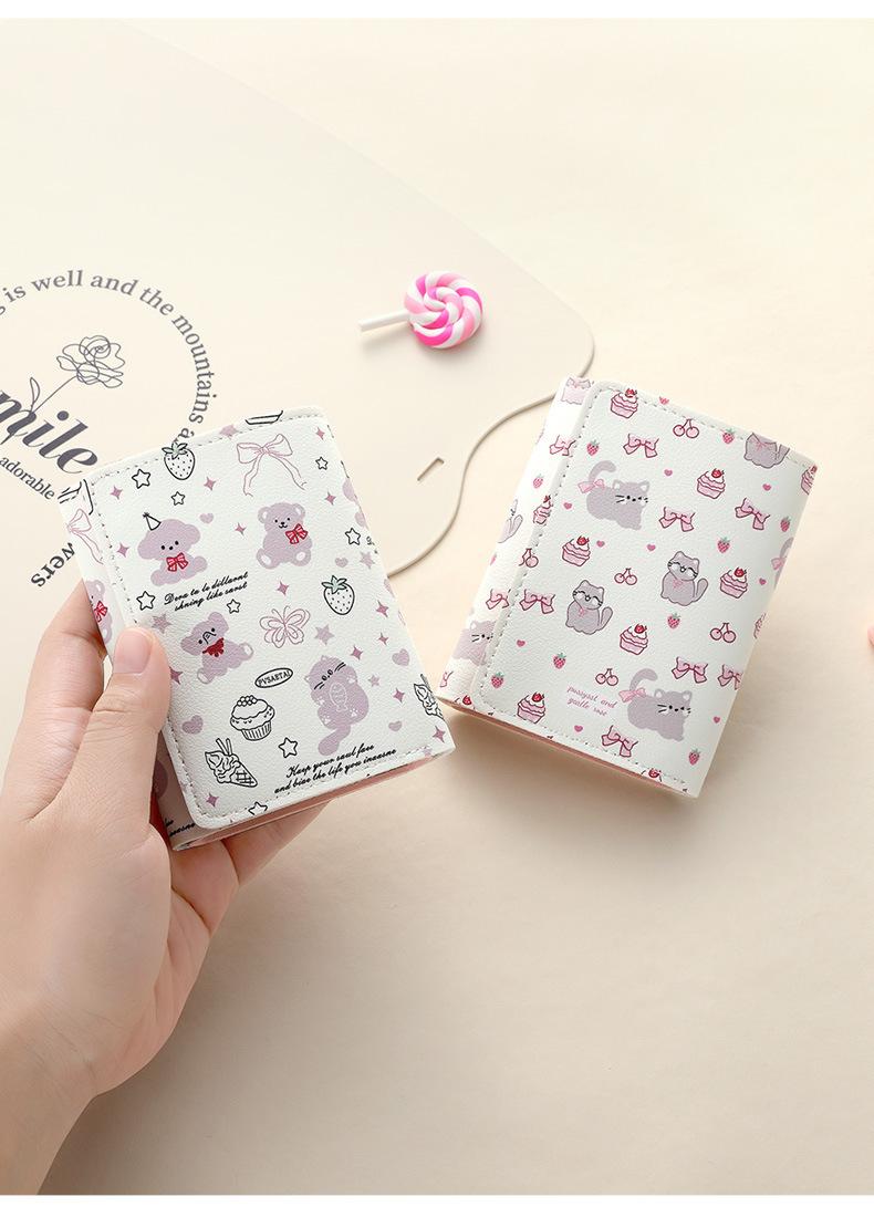 Strawberry Bear Print Wallet for Women Cute 3-Fold Short PU Leather Purse with Card Slots ID Window Portable Coin Purse for Everyday Carry