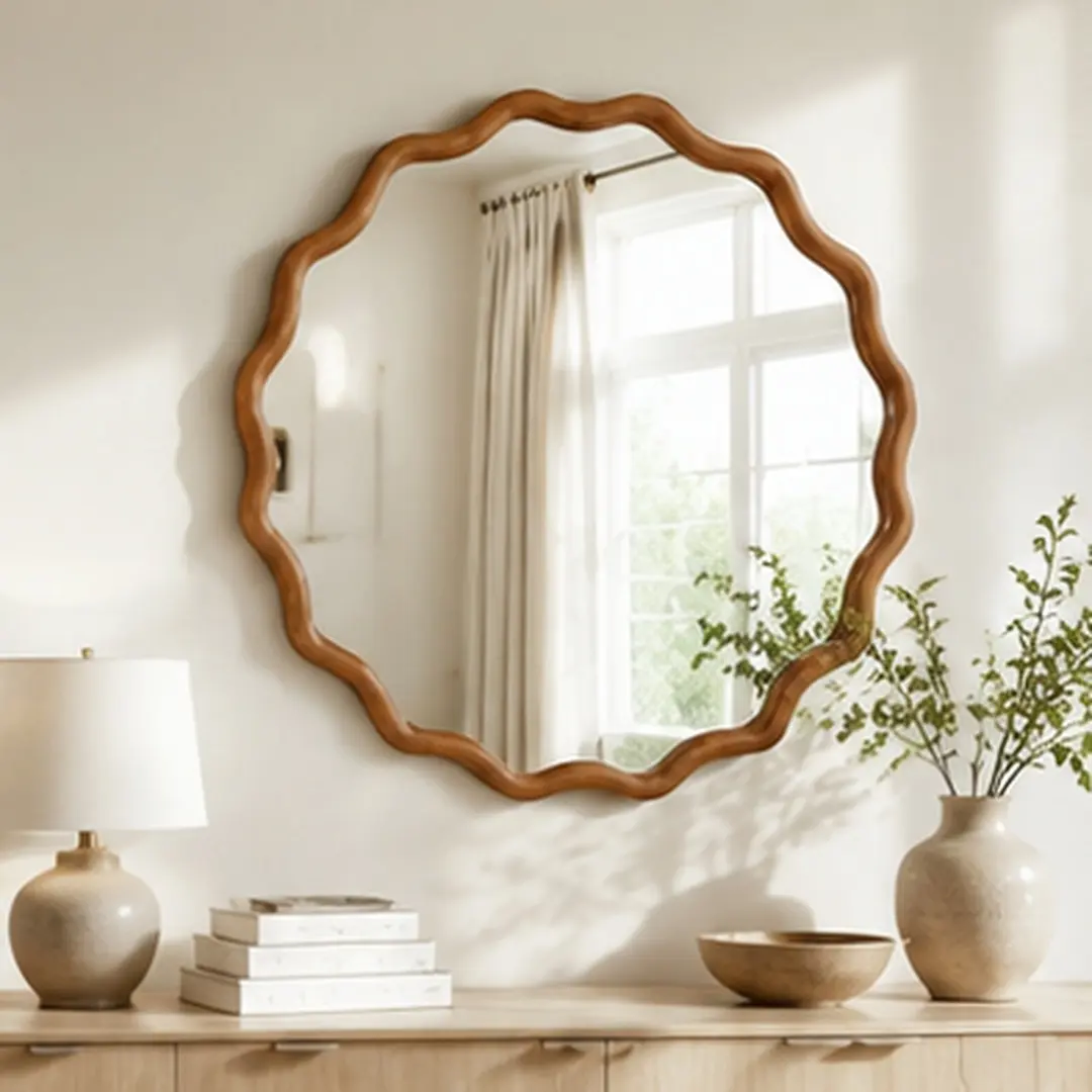 30-Inch Round Wavy Wooden Wall Mirror - Yellowish Brown Bohemian Art Deco French Country Decor, Durable Tempered Glass, D-Ring Clips for Easy Install, Single Box, Unique Wood Grain for Bathroom Vanity, Entryway