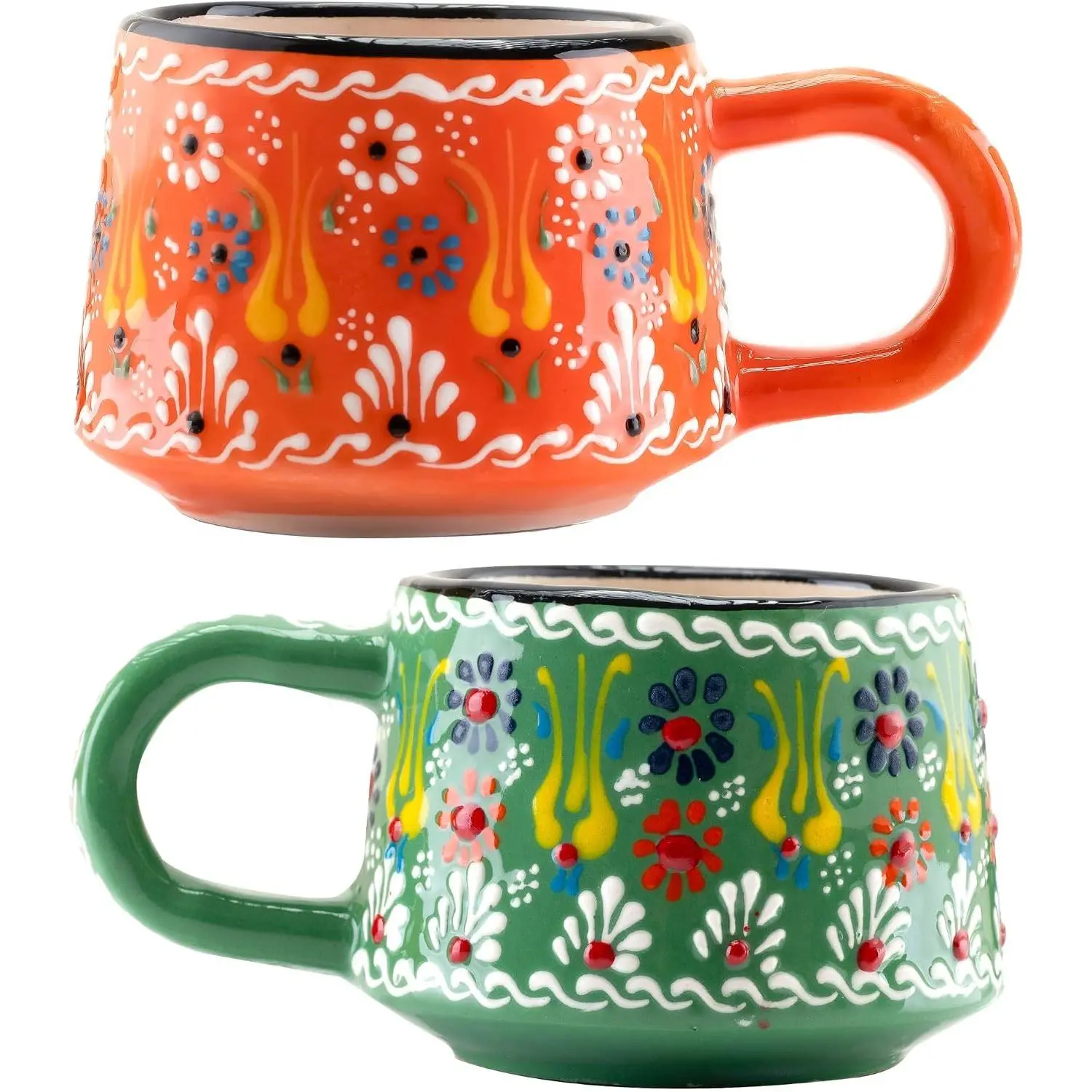 6 Oz Cappuccino Cups Set of 2, Hand-Painted Ceramic Coffee &  Mugs | Orange & Green | 3-Inch Cups | Dishwasher & Microwave Safe | For Cappuccino, Espresso, Coffee, , Latte & Hot