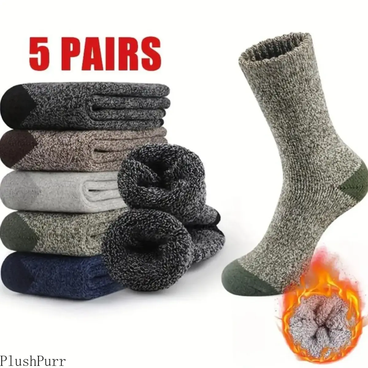 Men's Thick Warm Winter Mid-Calf Socks - 5-Pair Mixed Colors, Casual Cartoon Knitted Polyester-Elastic Blend, Cold-Weather, Soft, Comfortable, Machine Washable, Assorted, Basic, Assorted Mid-Calf Socks, Basic Mid-Calf Socks