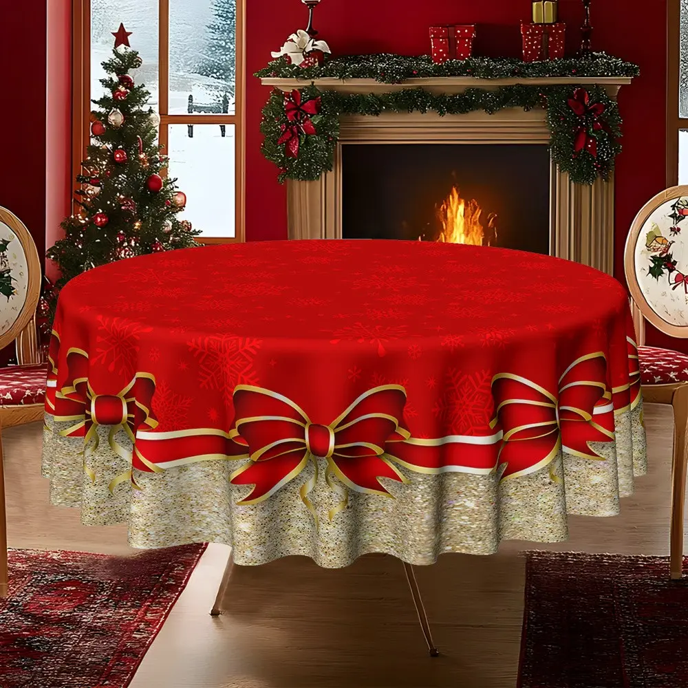 Christmas Bow Snowflake Print Round Tablecloth, Polyester Material, Furniture Protector, Party Decor, Hotel Restaurant Event Home Decoration