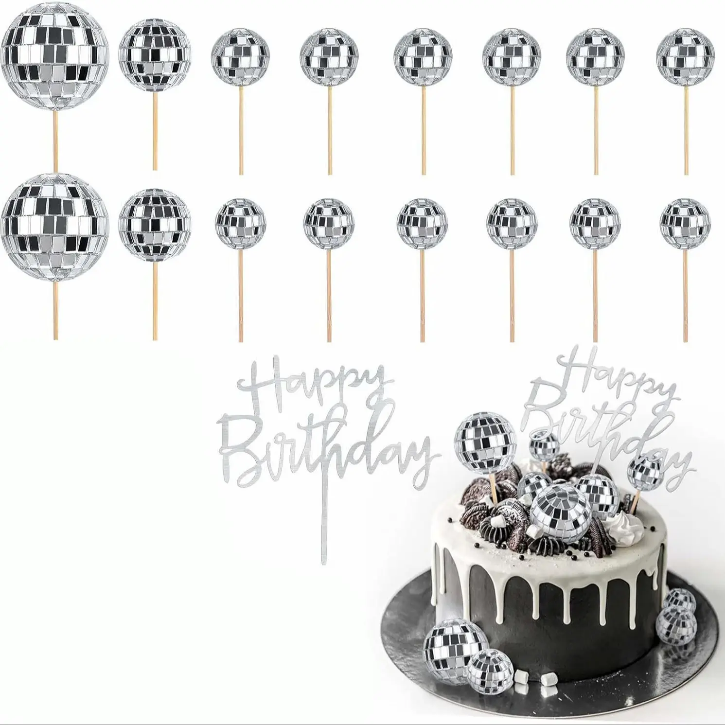 17-Piece Laser Ball Cake Decorations Set, Mirror Disco Ball Cake Toppers, Birthday Cake Decor, Disco Party Supplies, Cake Decorating Supplies, Silver Acrylic Happy Birthday Plaques