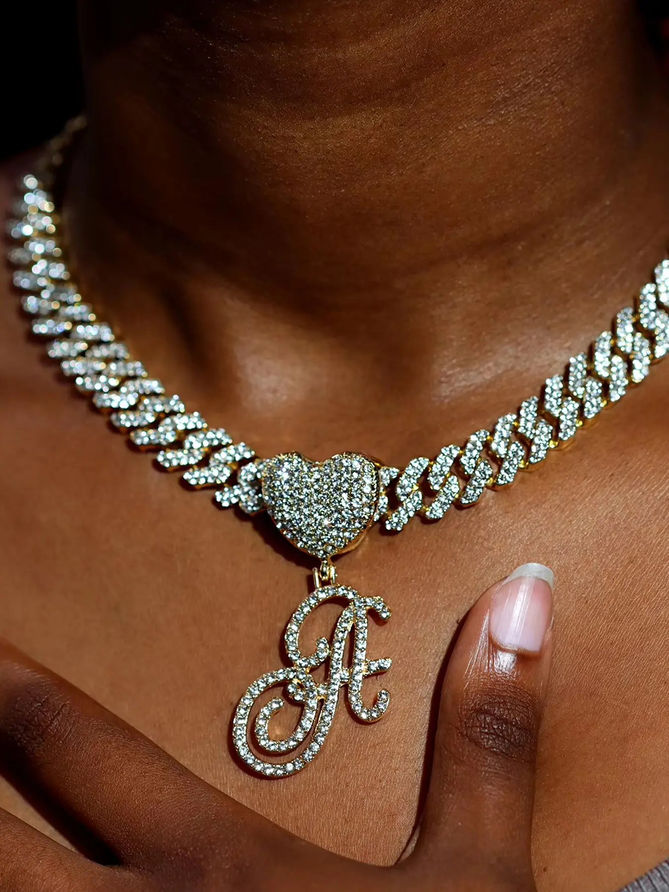 Silver A-Z italic initial necklace, Rhinestone Crystal Necklace, crystal letter & heart pendant with 13mm CZ cubic chain. Trendy hip-hop women jewelry, elegant handwritten letter design, ideal Valentine's Day & daily gift for girls and her.
