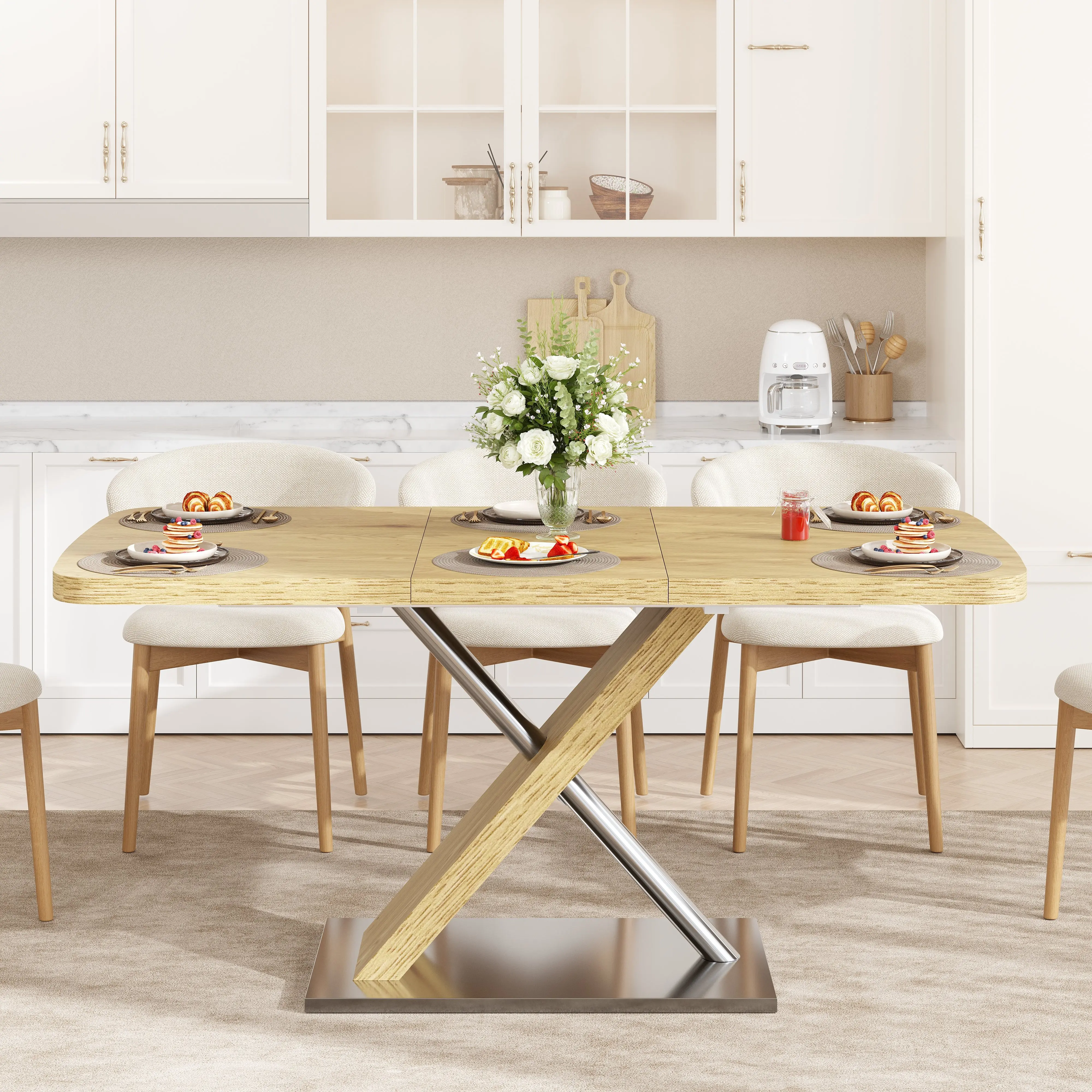 Nokaa Retractable Dining Table for 4-6 People, 47.25-63 inch Extendable Wood Table with Cross Metal Base and Stainless Steel Tubing, Natural Original Wood Color, Space-Saving Kitchen Table for Dining Room, Living Room, Bedroom