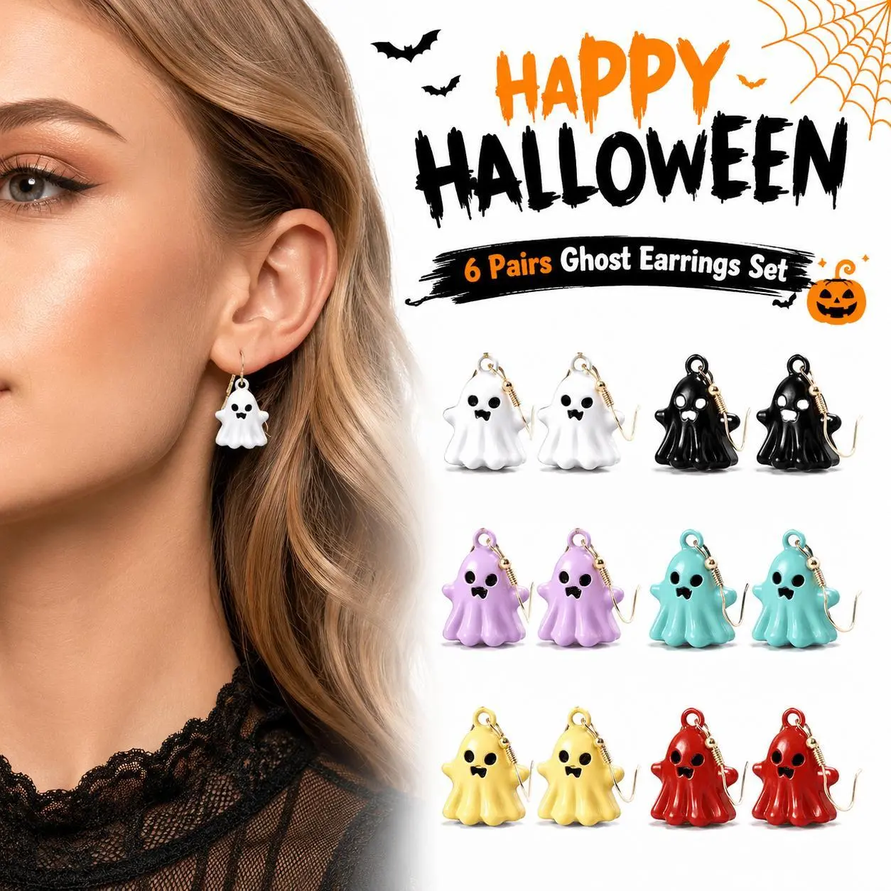 6 Pairs Funny Halloween Ghost Earrings for Women Cute 3D Enamel Ghosts Lightweight Spooky Dangle Drop Earrings for Gothic Cosplay Party Holiday Costume Fashion Jewelry Gift